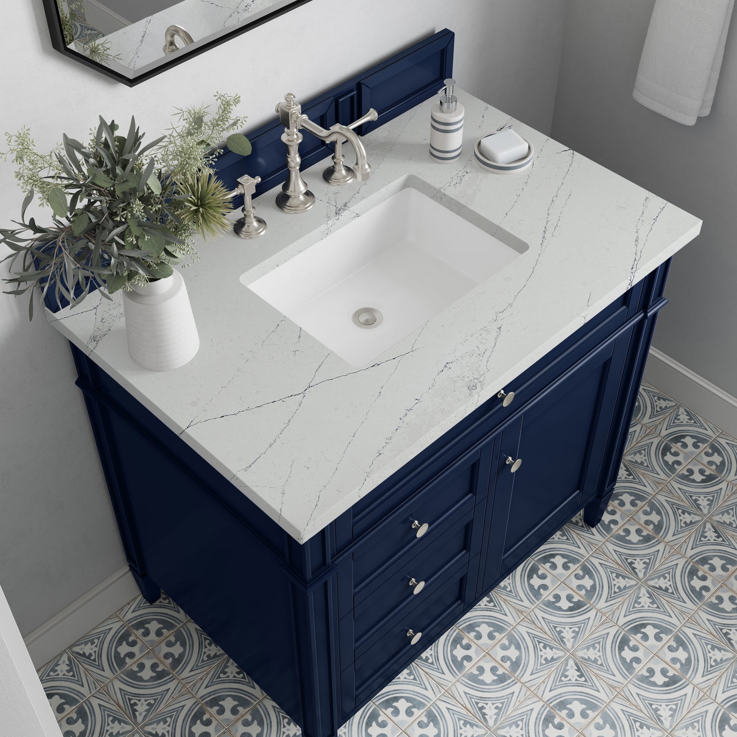 Renovate for Less Atlanta Brittany 36" Single Vanity, Victory Blue w/ 3 CM Ethereal Noctis Silestone Top