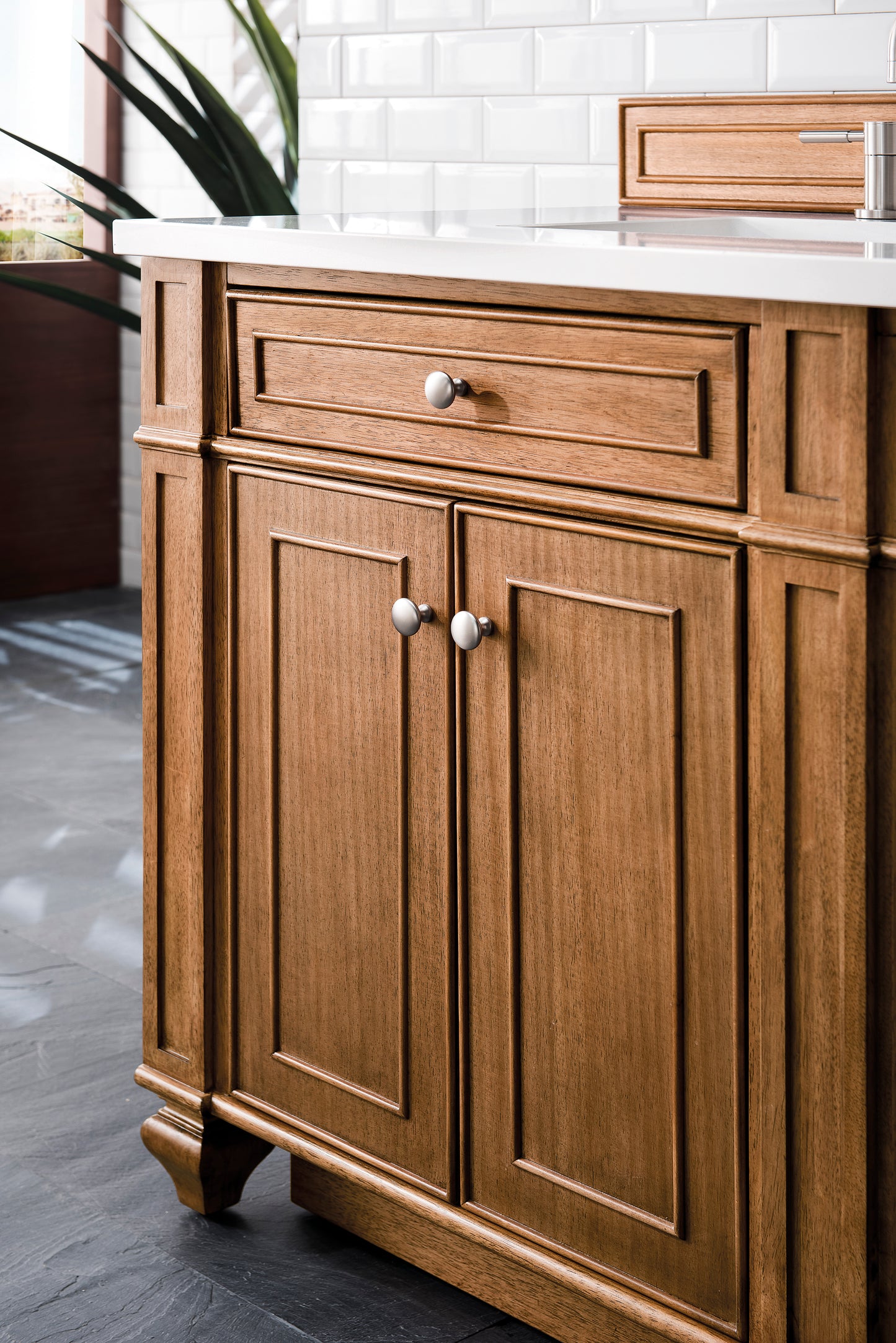 Renovate for Less Atlanta Bristol 72" Double Vanity, Saddle Brown w/ 3 CM White Zeus Silestone Top