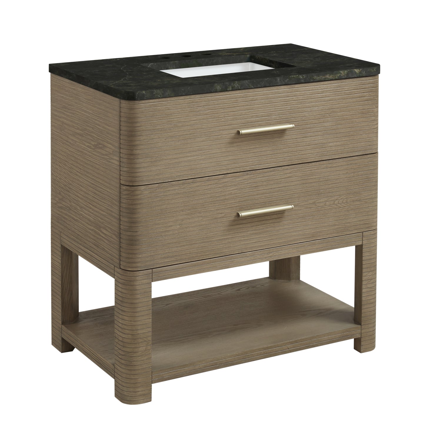 Renovate for Less Atlanta Lucian 36" Single Vanity, Pebble Oak, w/ 3 CM Phantome Eclos Widespread Top