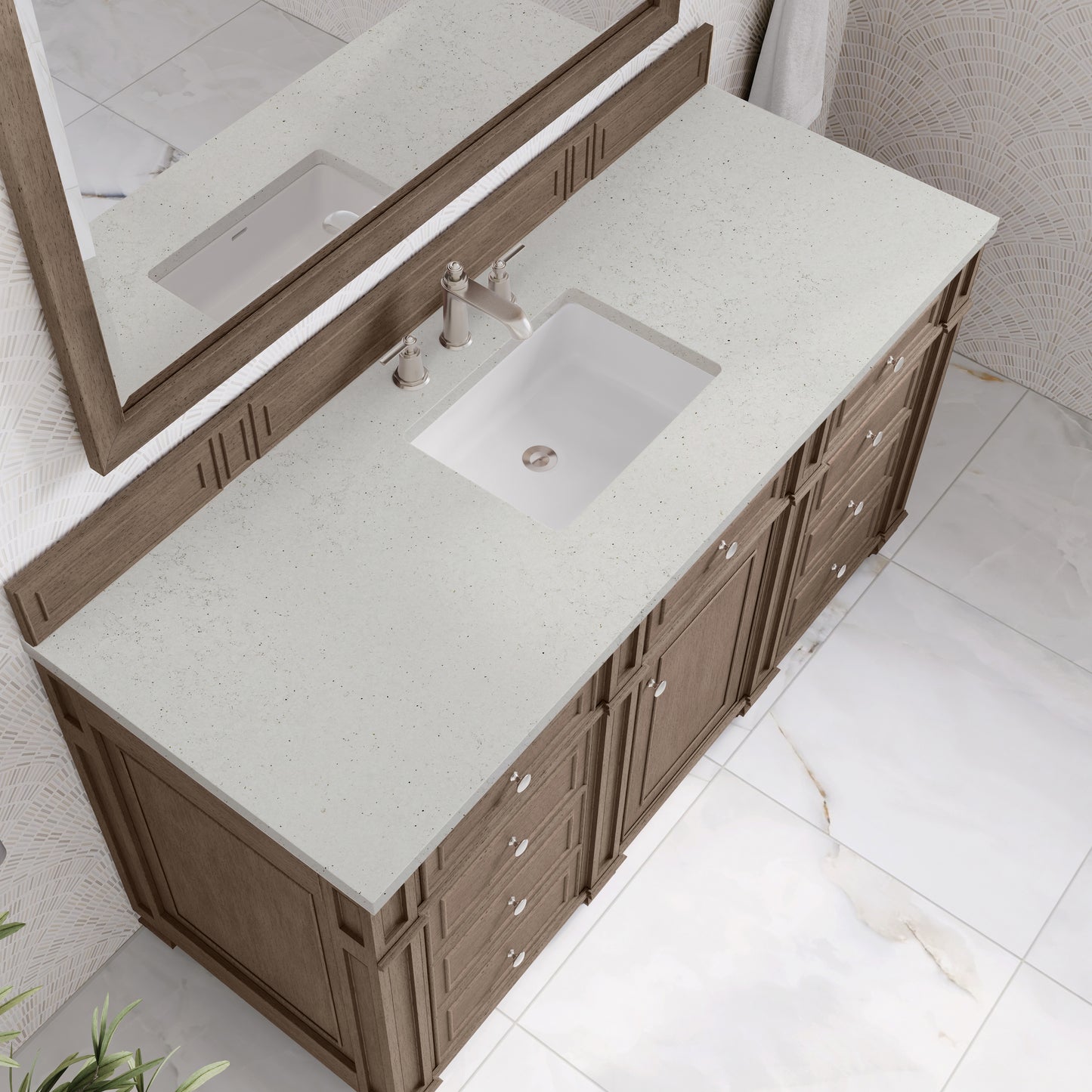 Renovate for Less Atlanta Bristol 60" Single Vanity, Whitewashed Walnut w/ 3 CM Lime Delight Silestone Top