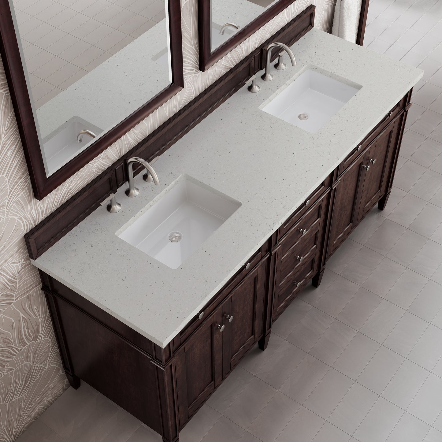 Renovate for Less Atlanta Brittany 72" Double Vanity, Burnished Mahogany w/ 3 CM Lime Delight Silestone Top
