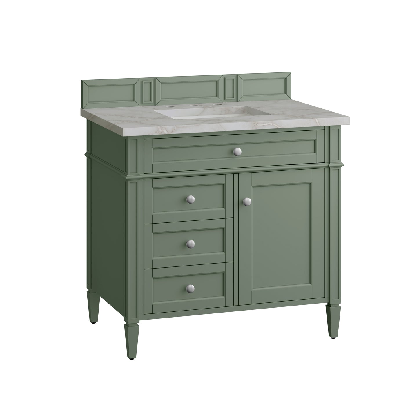 Renovate for Less Atlanta Brittany 36" Single Vanity, Smokey Celadon w/ 3 CM Victorian Silver Top