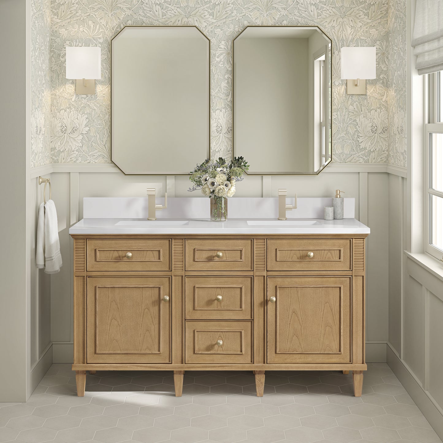 Renovate for Less Atlanta Lorelai 60" Double Vanity, Light Natural Oak w/ Single Hole 3 CM White Zeus Silestone Top & Backsplash