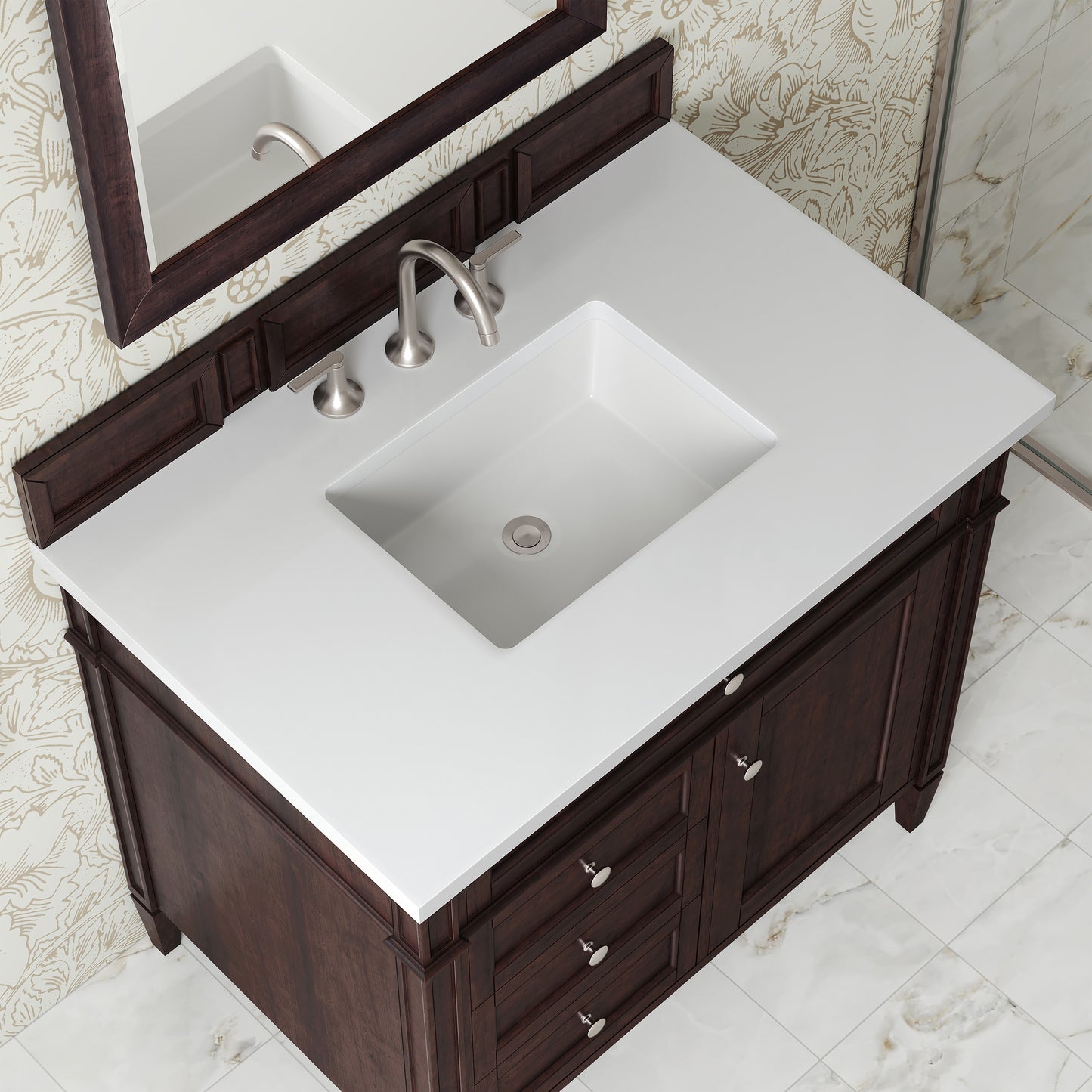 Renovate for Less Atlanta Brittany 36" Single Vanity, Burnished Mahogany w/ 3 CM White Zeus Silestone Top