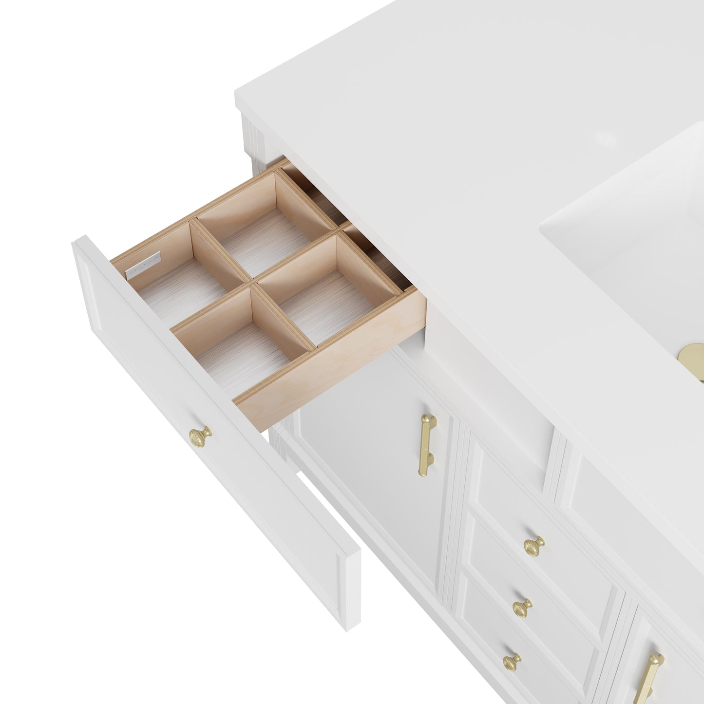 Renovate for Less Atlanta Bellshire 120" Dual Vanity Set with 24" Make-Up Counter, Bright White w/3 cm Eternal Jasmine Pearl Silestone Top
