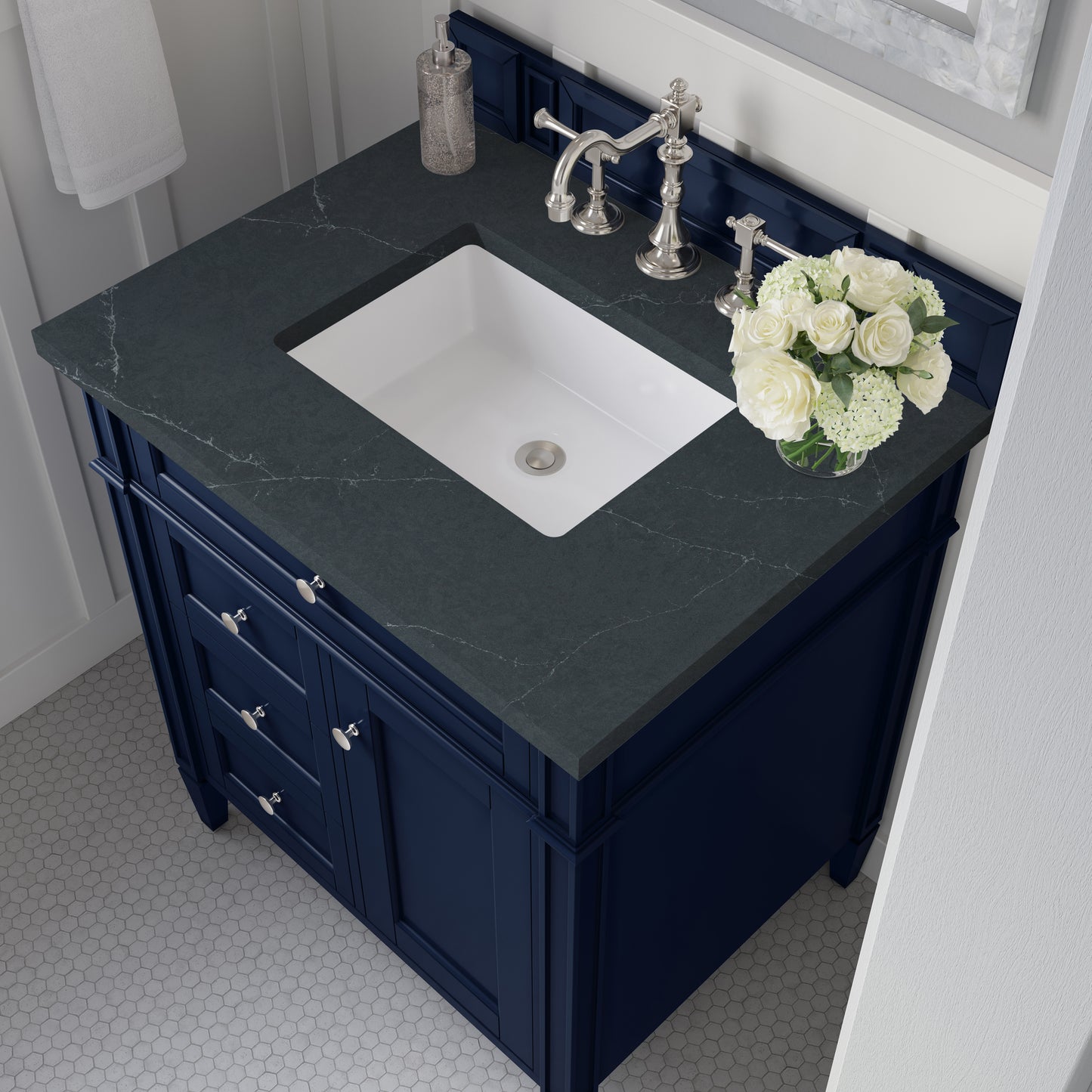 Renovate for Less Atlanta Brittany 30" Single Vanity, Victory Blue w/ 3 CM Charcoal Soapstone Silestone Top