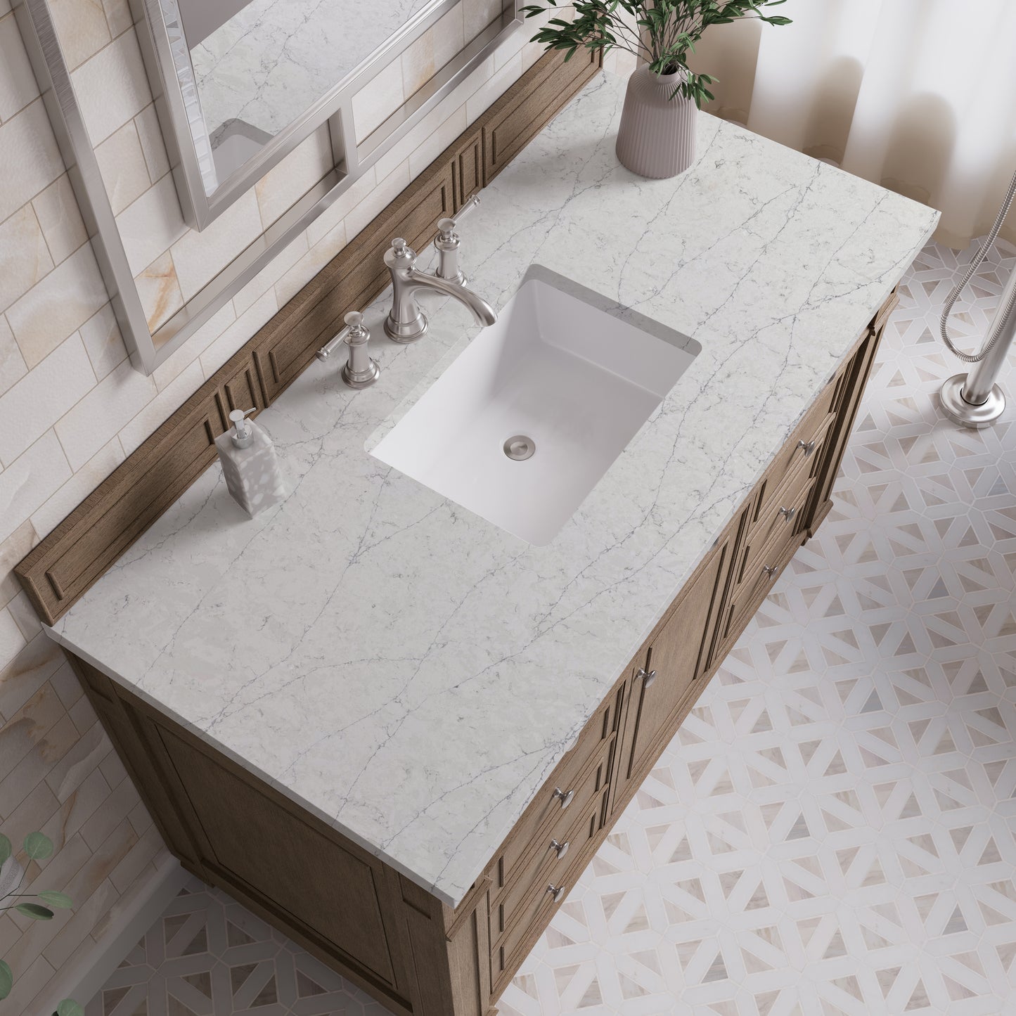Renovate for Less Atlanta Bristol 48" Single Vanity, Whitewashed Walnut w/ 3 CM Eternal Jasmine Pearl Silestone Top
