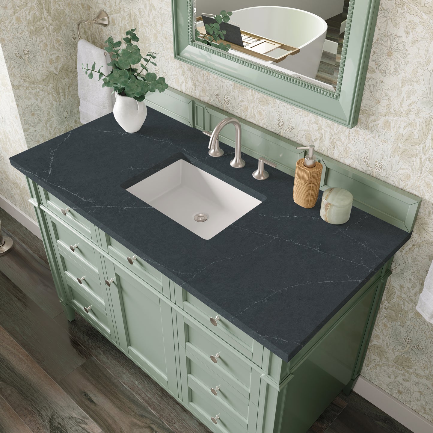 Renovate for Less Atlanta Brittany 48" Single Vanity, Sage Green w/ 3 CM Charcoal Soapstone Silestone Top
