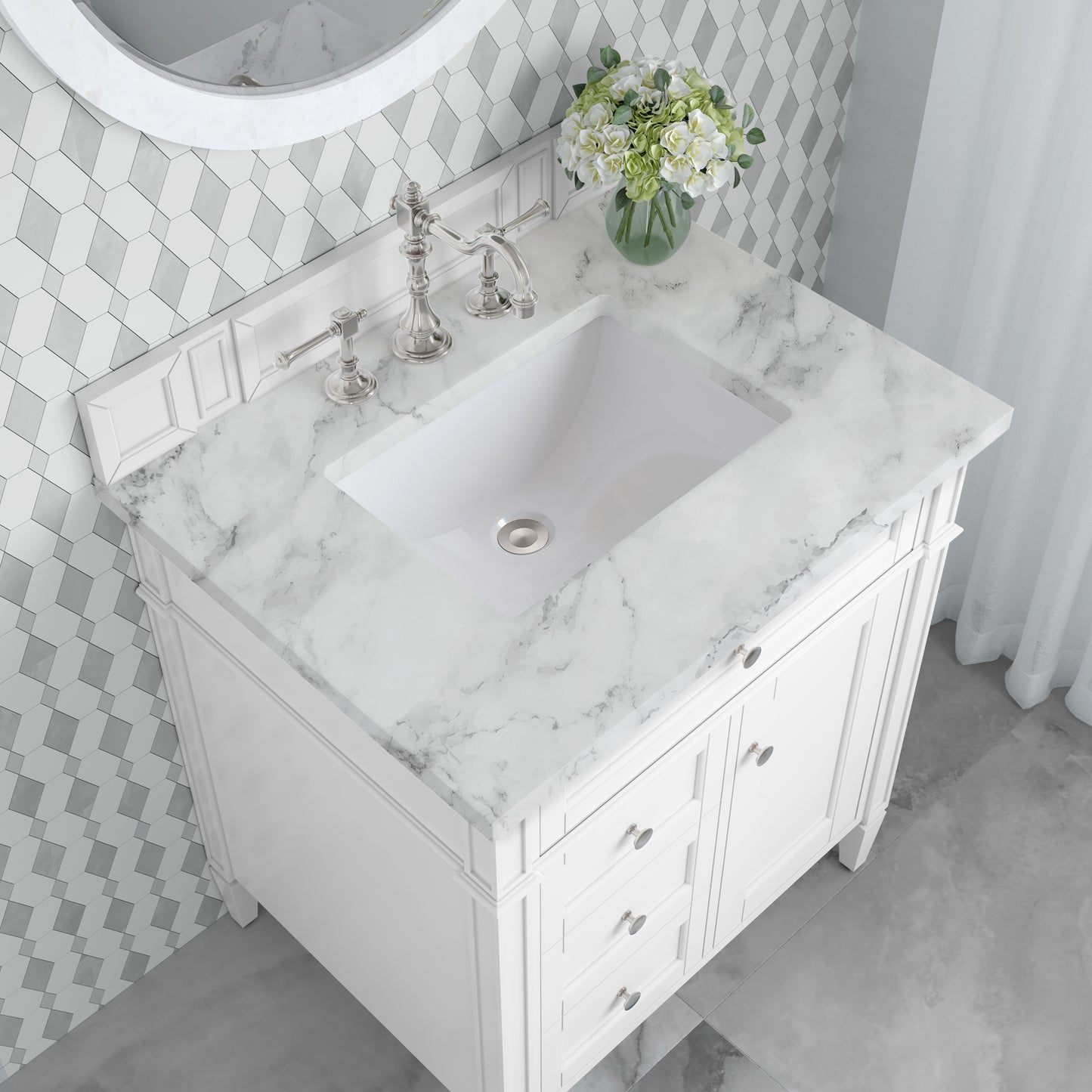 Renovate for Less Atlanta Brittany 30" Single Vanity, Bright White w/ 3 CM Carrara Marble Top