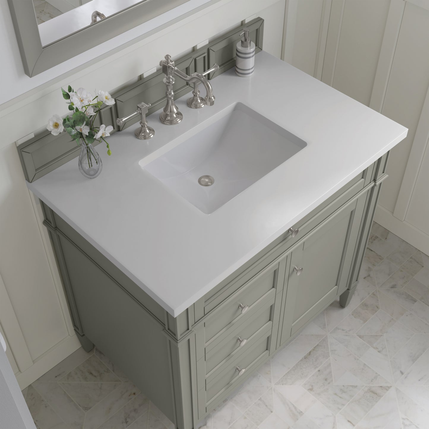 Renovate for Less Atlanta Brittany 36" Single Vanity, Urban Gray w/ 3 CM White Zeus Silestone Top