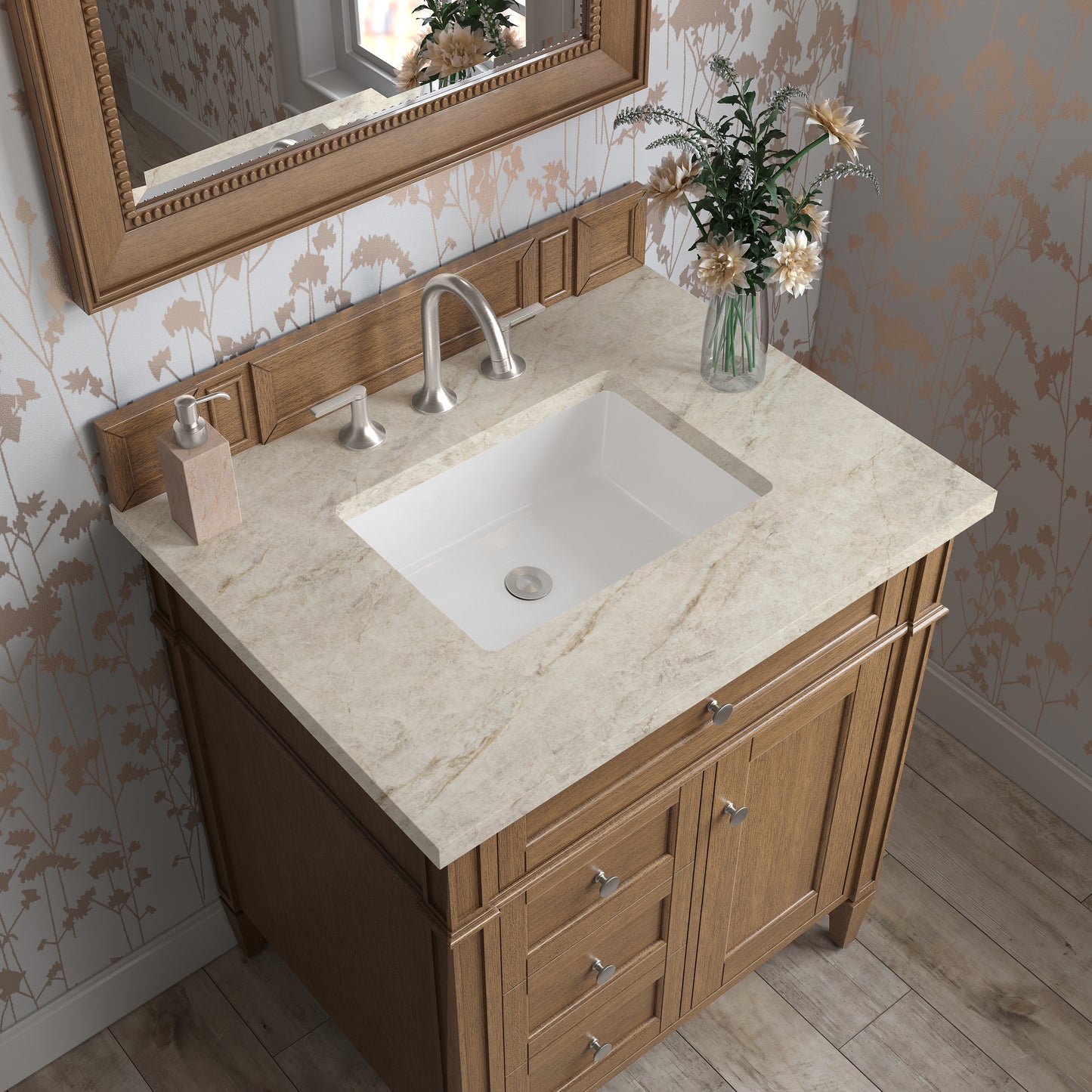 Renovate for Less Atlanta Brittany 30" Single Vanity, Saddle Brown, w/ 3 CM Tajnar Eclos Top