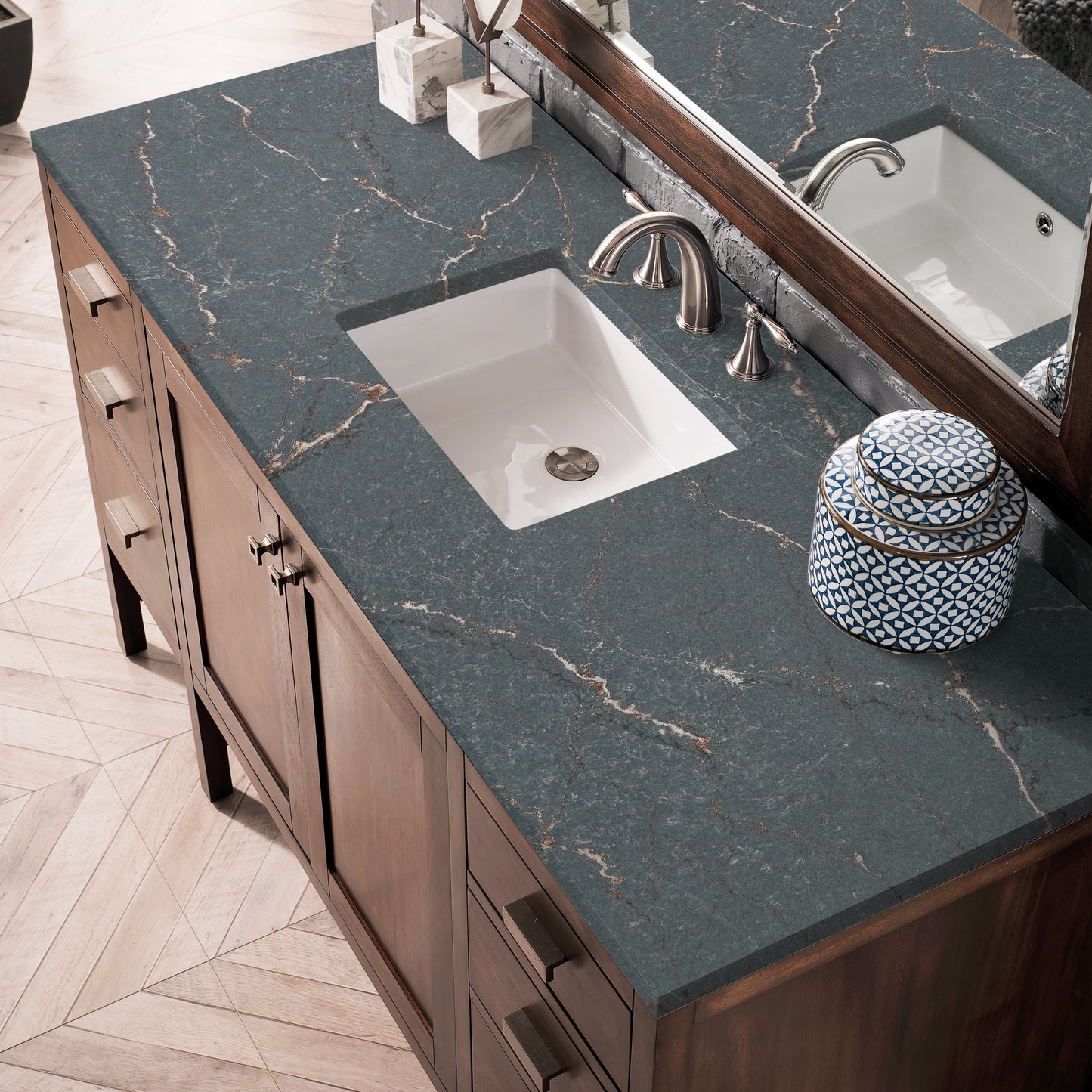 Renovate for Less Atlanta Addison 60" Single Vanity, Mid-Century Acacia w/ 3 CM Parisien Bleu Silestone Top