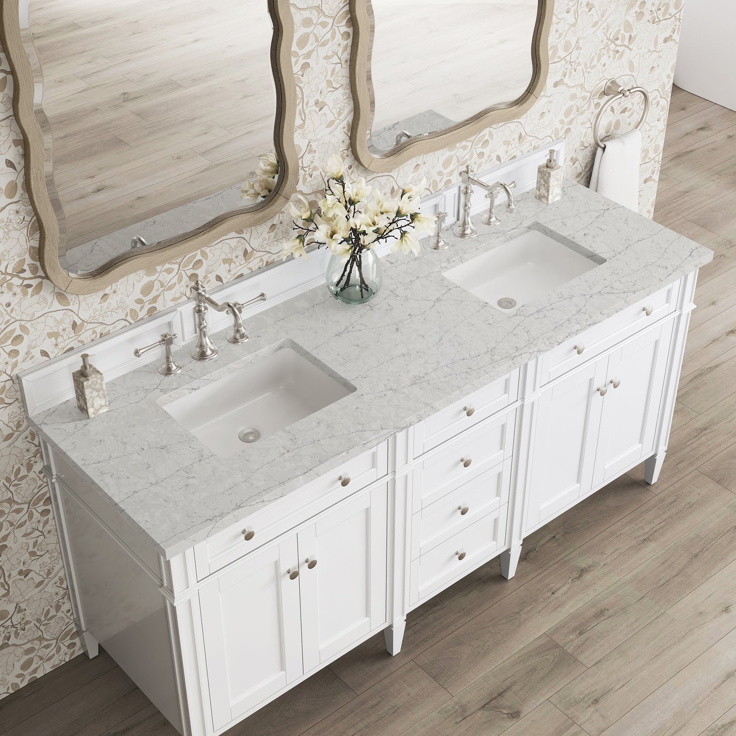Renovate for Less Atlanta Brittany 72" Double Vanity, Bright White Vanity w/ 3 CM Eternal Jasmine Pearl Silestone Top