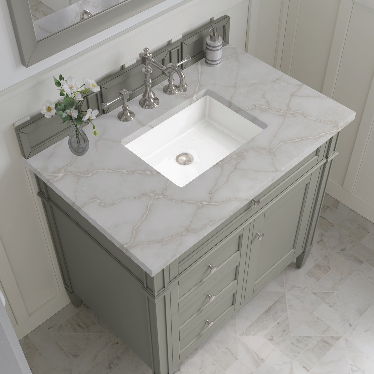 Renovate for Less Atlanta Brittany 36" Single Vanity, Urban Gray w/ 3 CM Victorian Silver Silestone Top