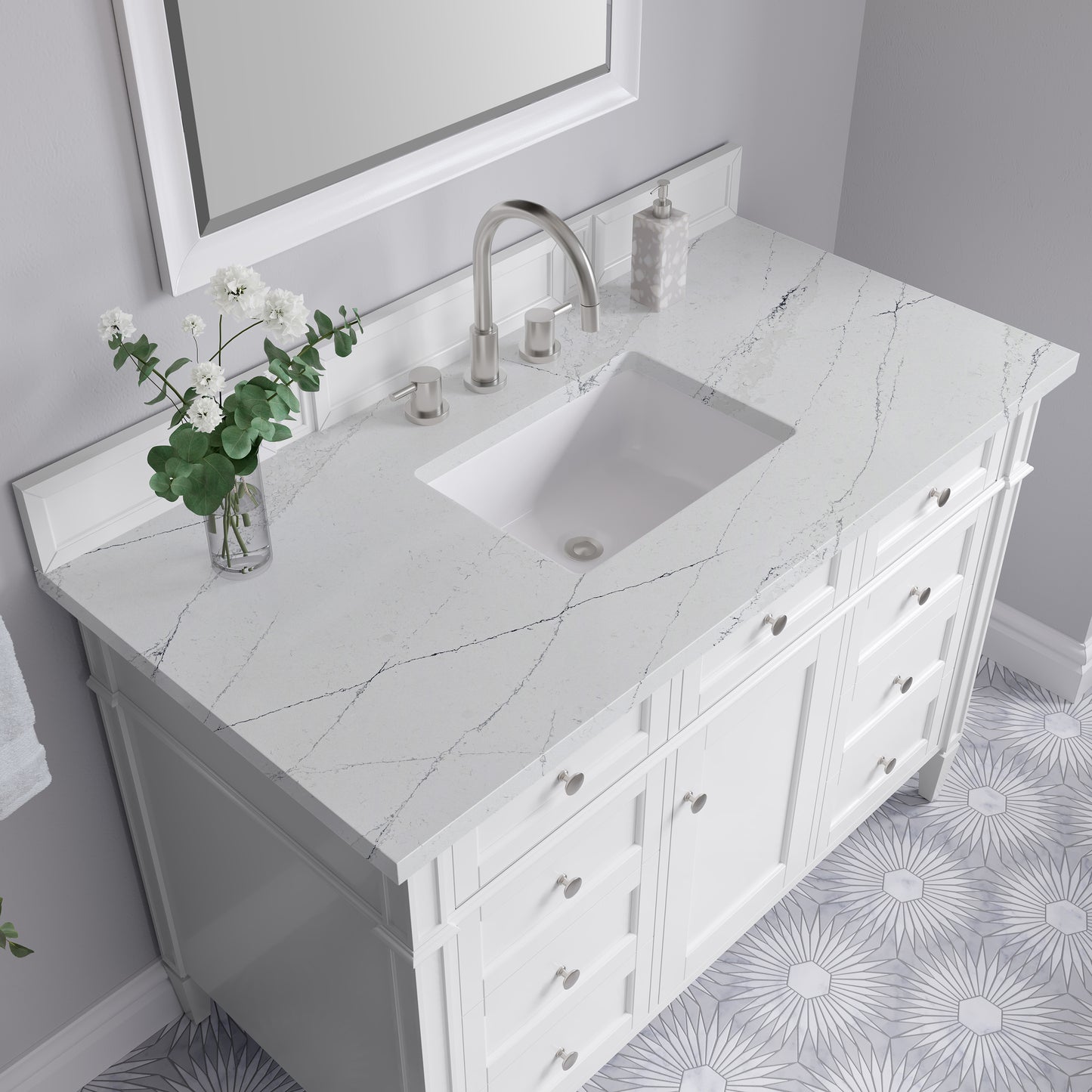 Renovate for Less Atlanta Brittany 48" Single Vanity, Bright White w/ 3 CM Ethereal Noctis Silestone Top
