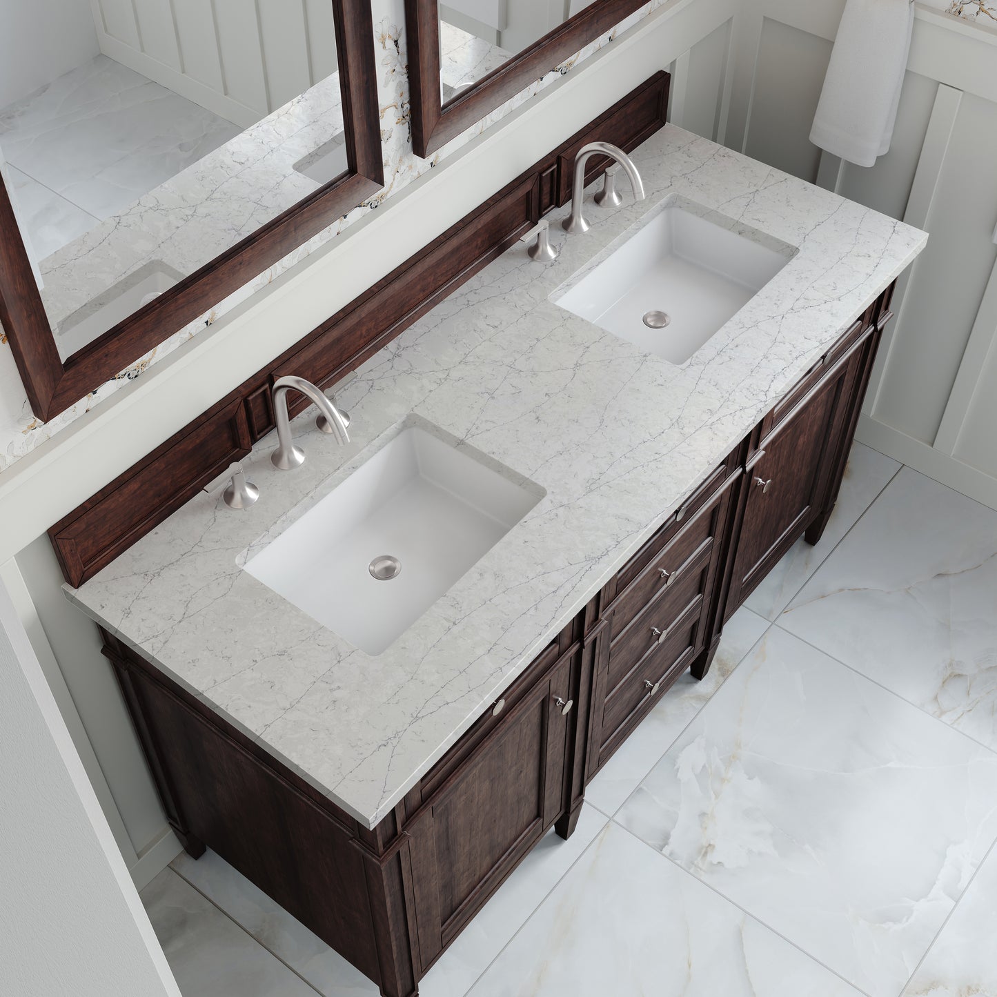 Renovate for Less Atlanta Brittany 60" Double Vanity, Burnished Mahogany w/ 3 CM Eternal Jasmine Pearl Silestone Top
