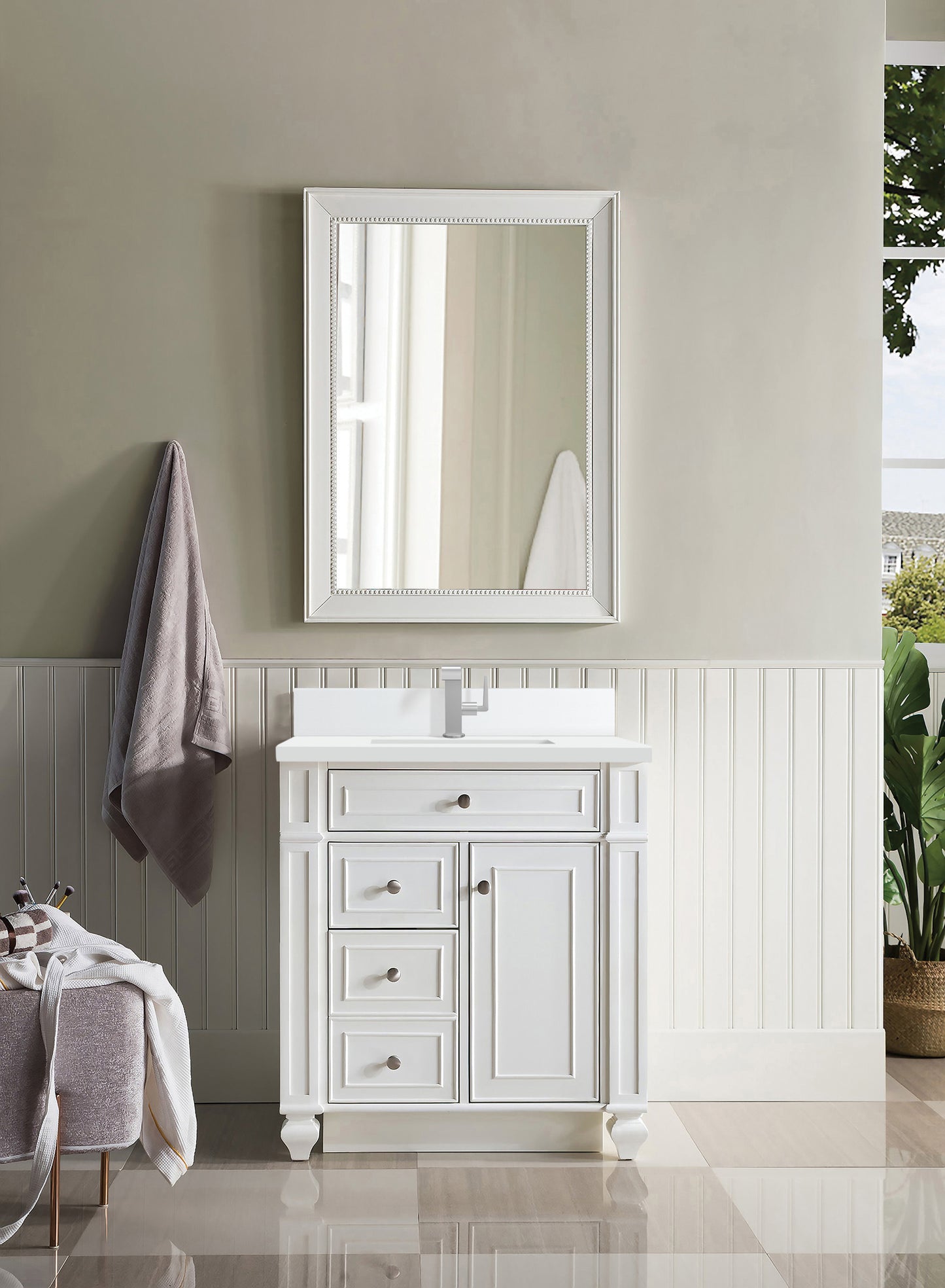 Renovate for Less Atlanta Bristol 30" Single Vanity, Bright White w/ Single Hole 3 CM White Zeus Silestone Top & Backsplash
