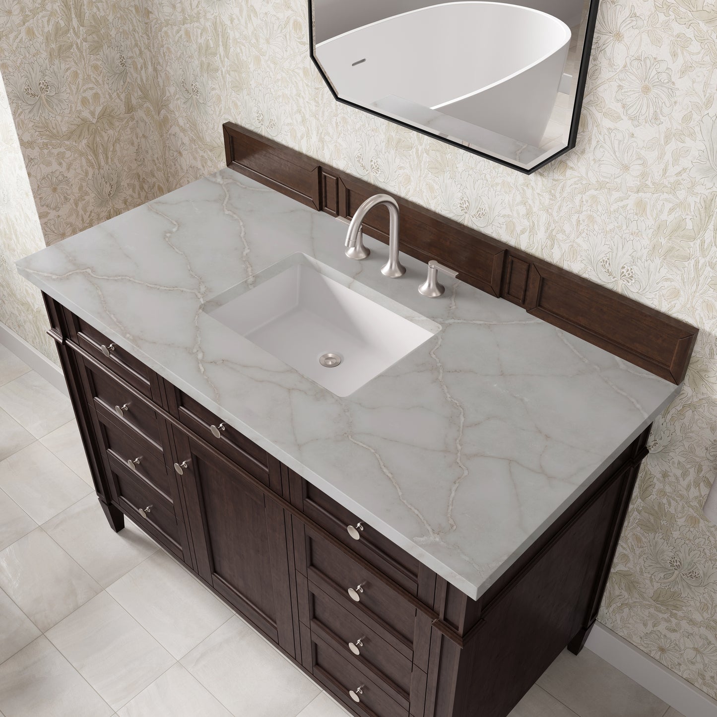 Renovate for Less Atlanta Brittany 48" Single Vanity, Burnished Mahogany w/ 3 CM Victorian Silver Silestone Top