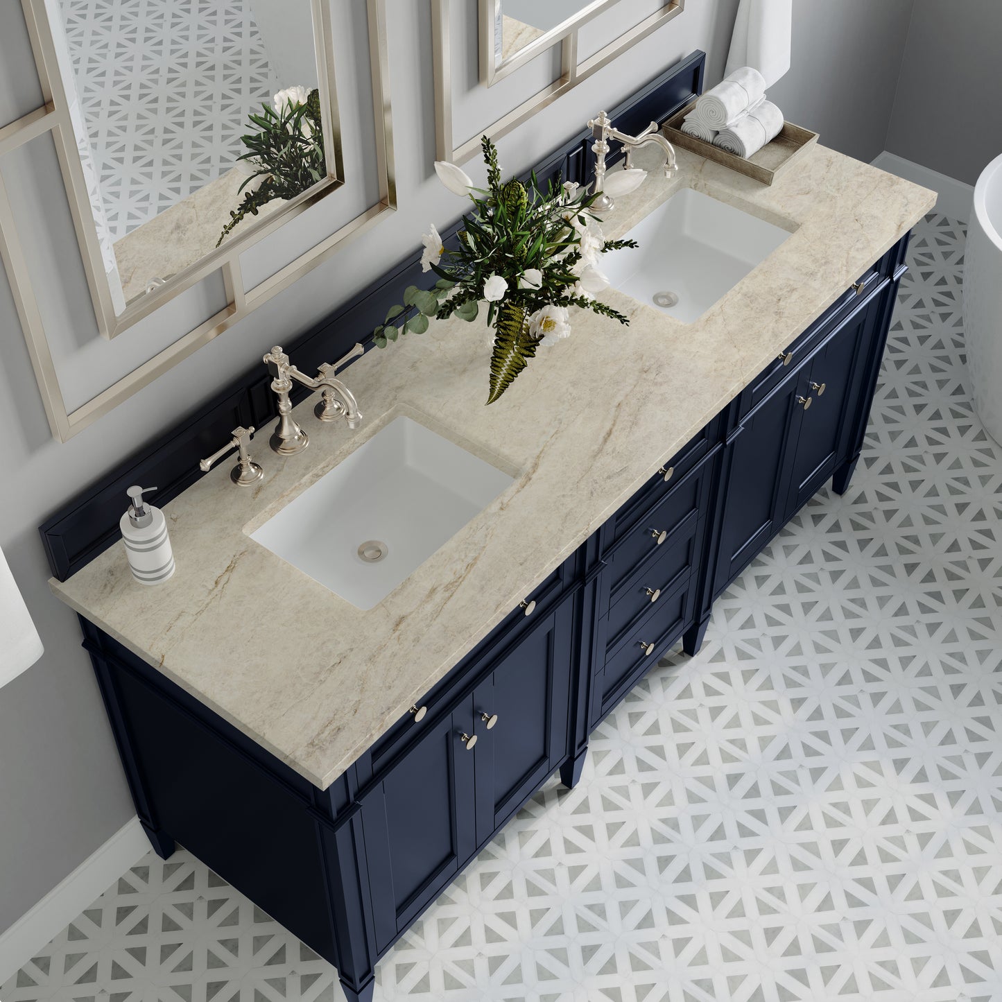 Renovate for Less Atlanta Brittany 72" Double Vanity, Victory Blue, w/ 3 CM Tajnar Eclos Top