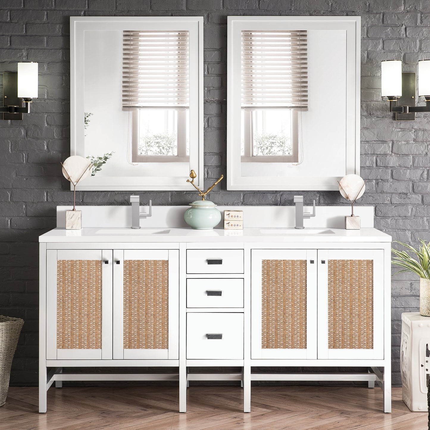 Renovate for Less Atlanta Addison 72" Double Vanity, Glossy White w/ Single Hole 3 CM White Zeus Silestone Top & Backsplash