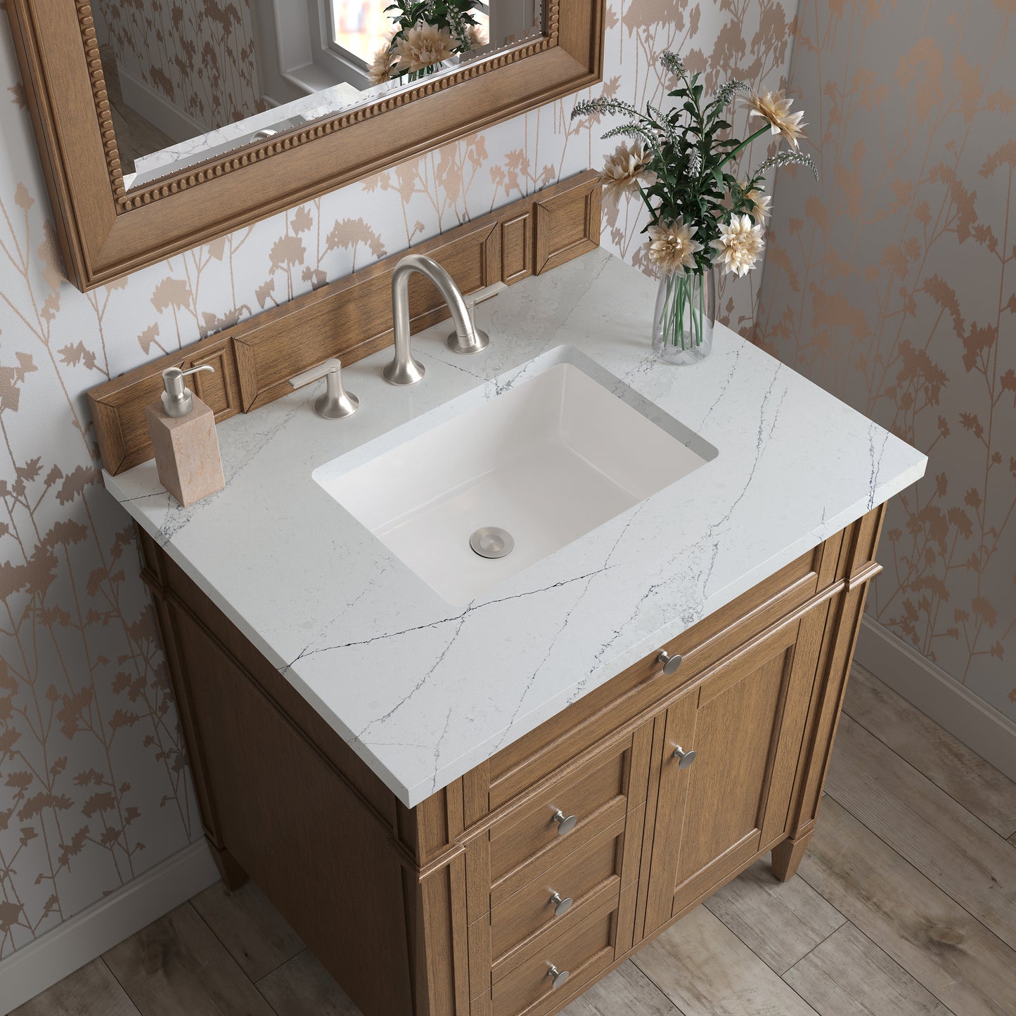 Renovate for Less Atlanta Brittany 30" Single Vanity, Saddle Brown, w/ 3 CM Ethereal Noctis Silestone Top
