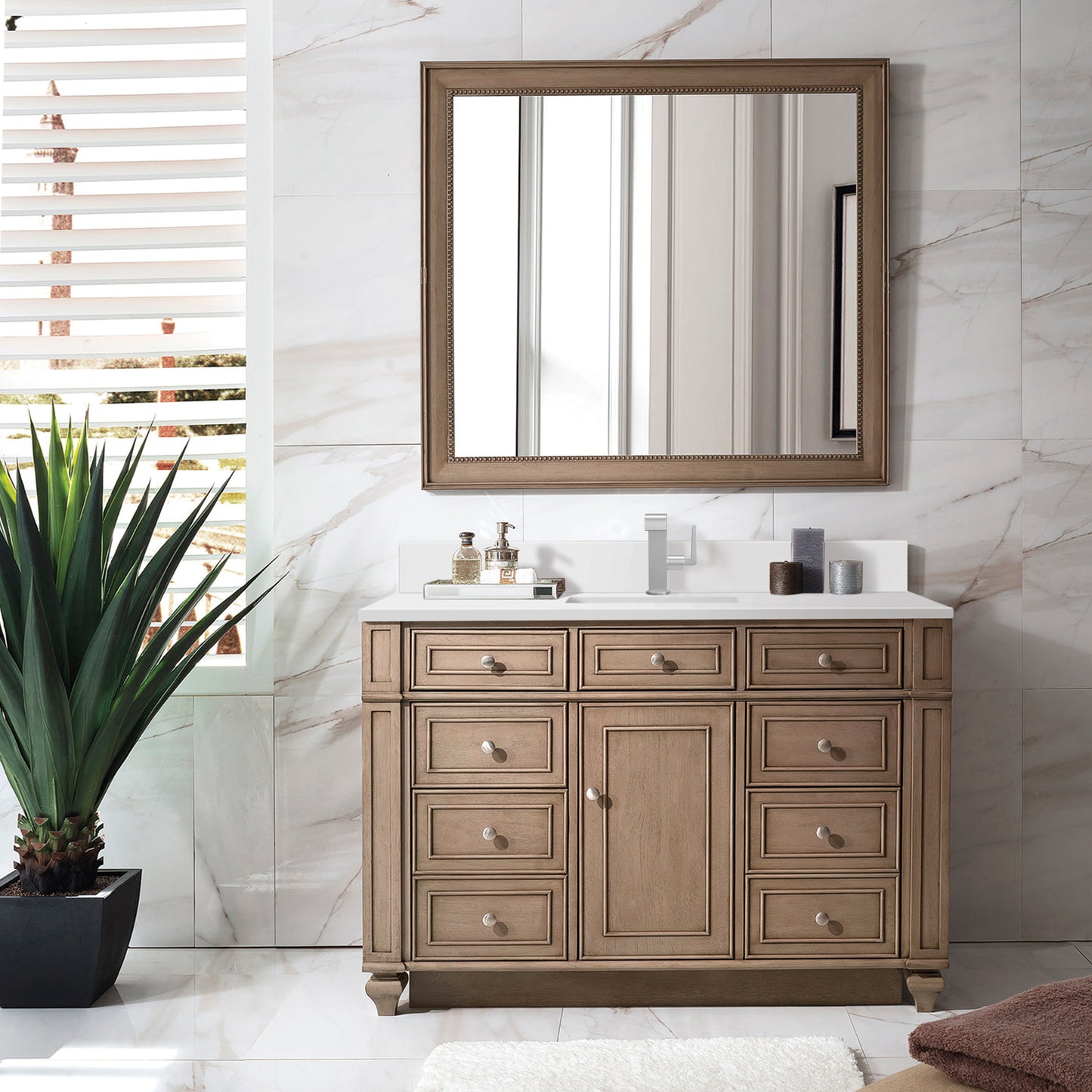 Renovate for Less Atlanta Bristol 48" Single Vanity, Whitewashed Walnut w/ Single Hole 3 CM White Zeus Silestone Top & Backsplash