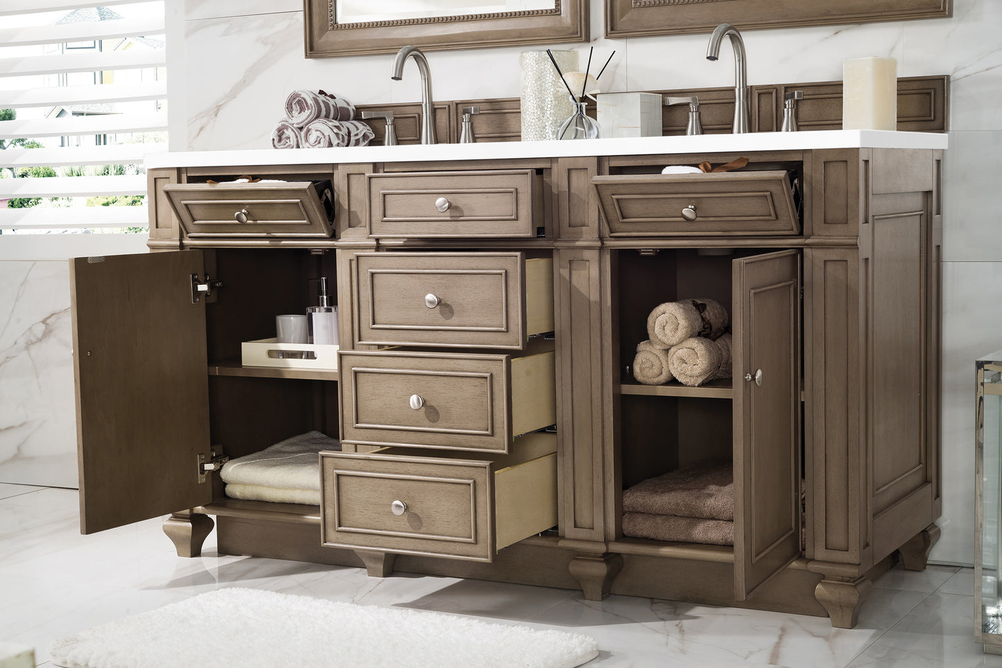 Renovate for Less Atlanta Bristol 60" Double Vanity, Whitewashed Walnut w/ 3 CM White Zeus Silestone Top