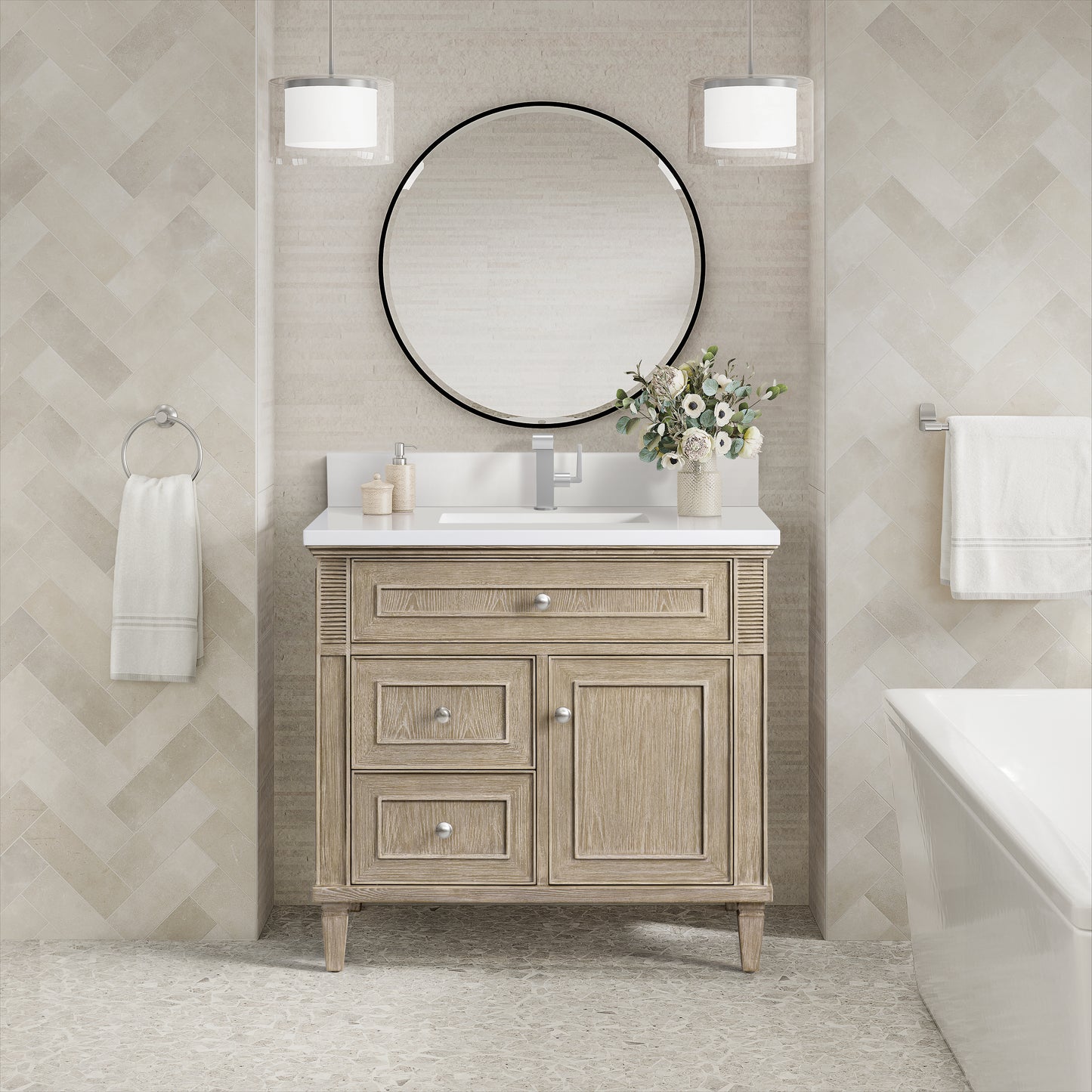 Renovate for Less Atlanta Lorelai 36" Single Vanity, Whitewashed Oak w/ Single Hole 3 CM White Zeus Silestone Top & Backsplash