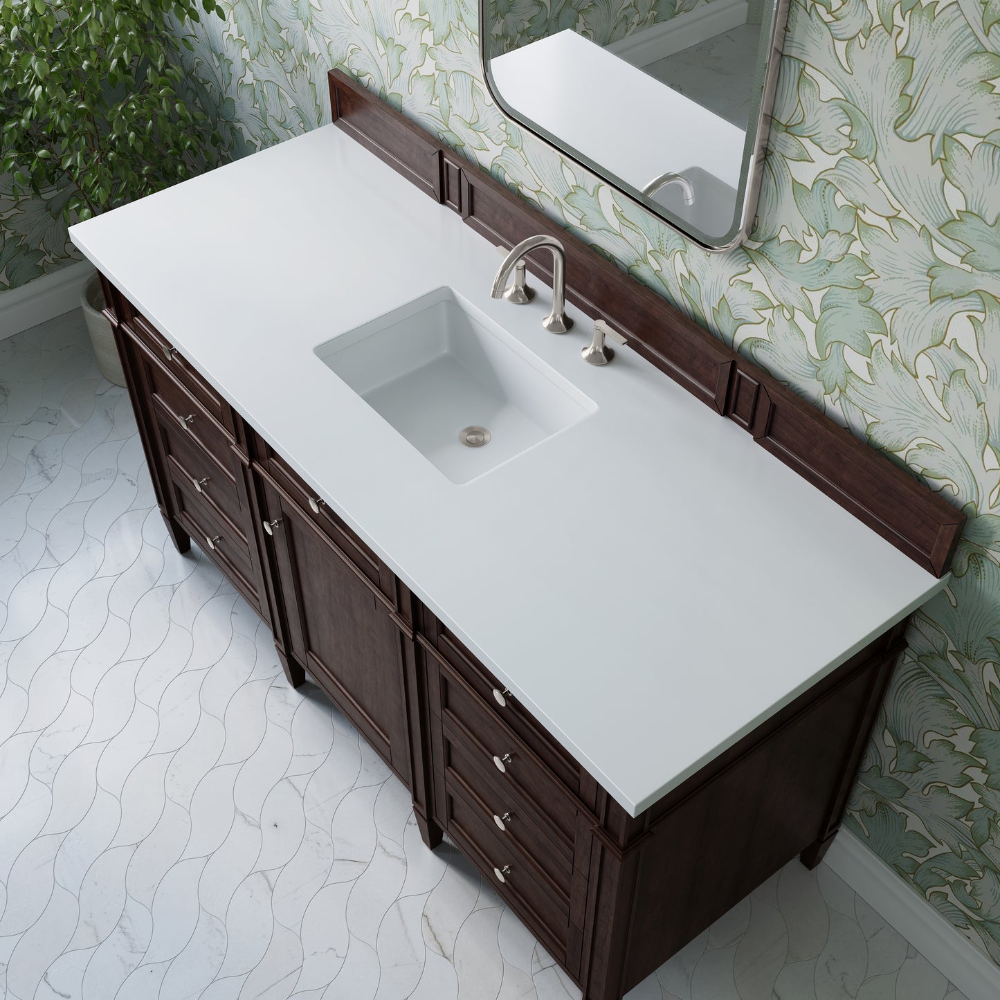 Renovate for Less Atlanta Brittany 60" Single Vanity, Burnished Mahogany w/ 3 CM White Zeus Silestone Top