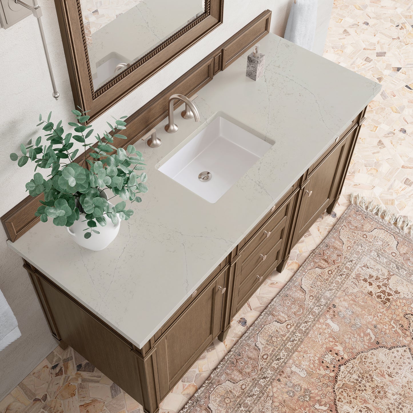 Renovate for Less Atlanta Brittany 60" Single Vanity, Saddle Brown, w/ 3 CM Siberian Silestone Top