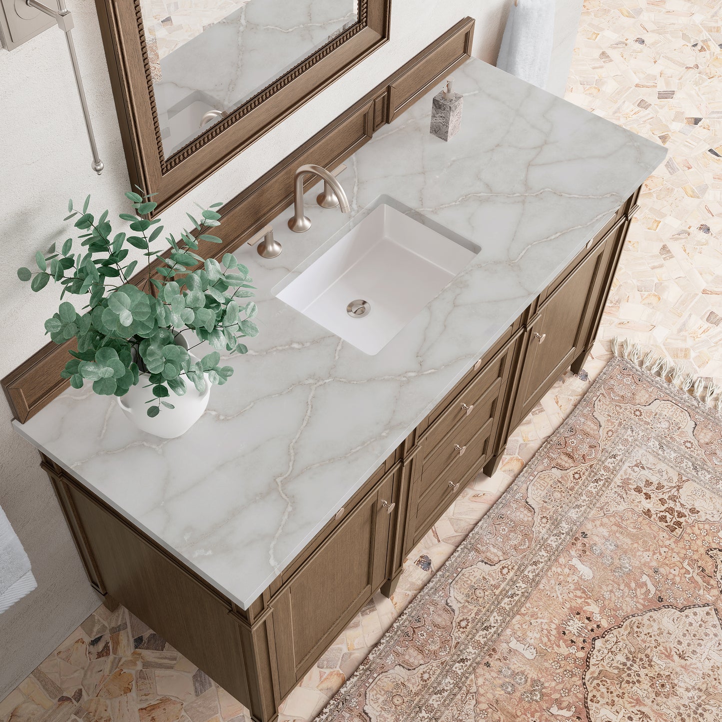 Renovate for Less Atlanta Brittany 60" Single Vanity, Saddle Brown w/ 3 CM Victorian Silver Silestone Top