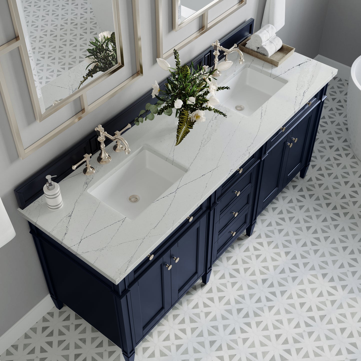 Renovate for Less Atlanta Brittany 72" Double Vanity, Victory Blue w/ 3 CM Ethereal Noctis Silestone Top