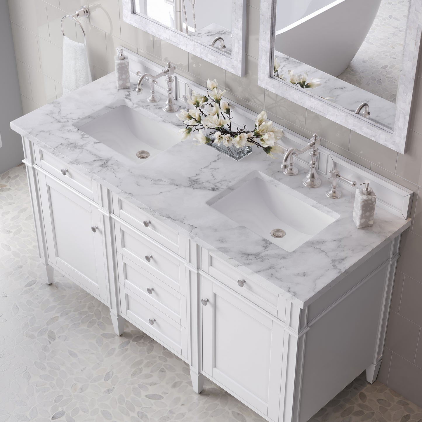 Renovate for Less Atlanta Brittany 60" Double Vanity, Bright White Vanity w/ 3 CM Carrara Marble Top