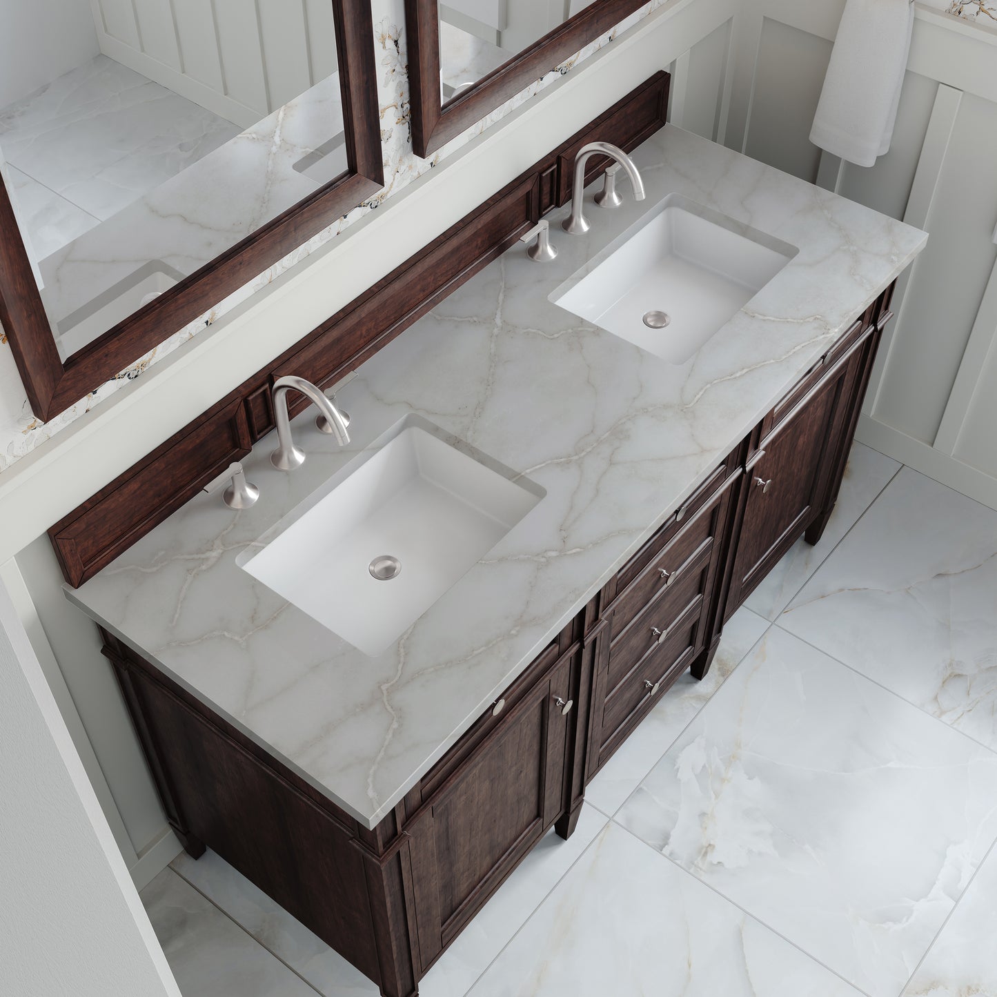 Renovate for Less Atlanta Brittany 60" Double Vanity, Burnished Mahogany w/ 3 CM Victorian Silver Silestone Top