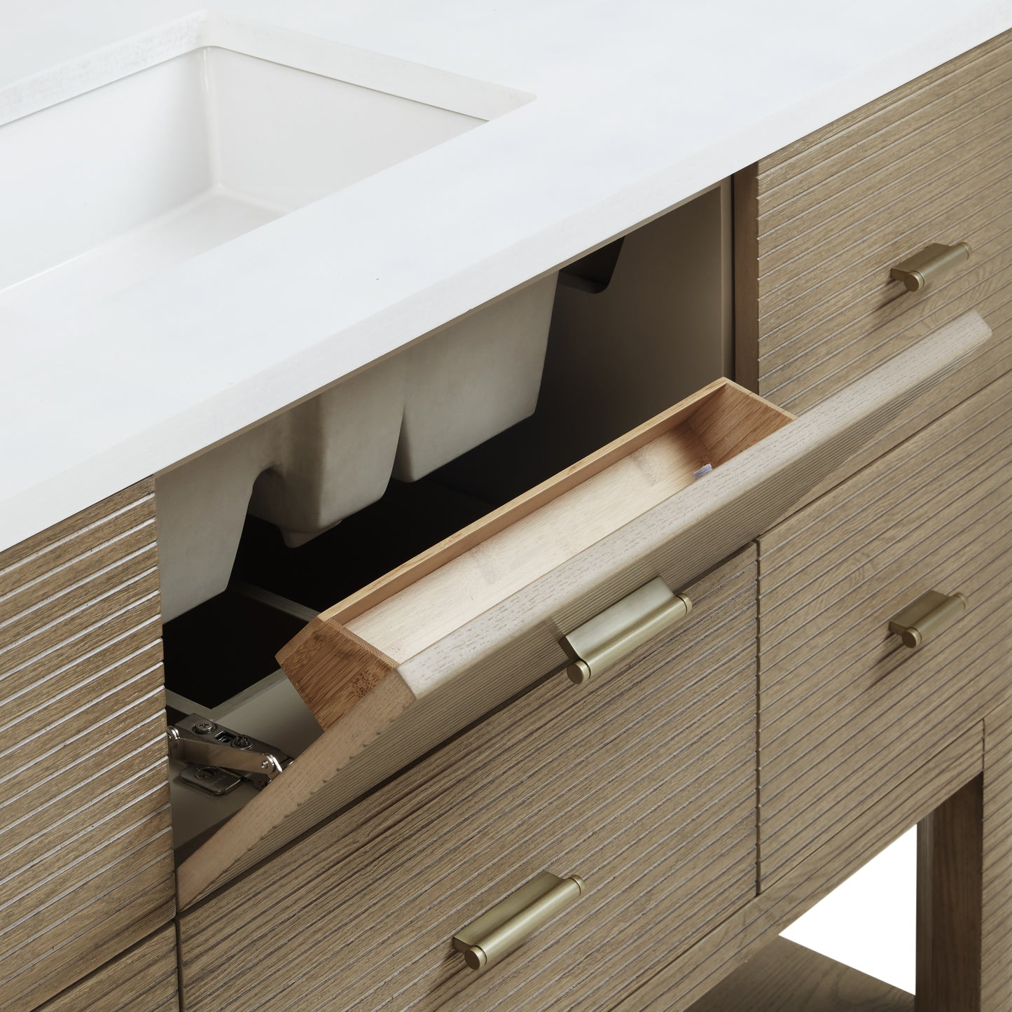 Renovate for Less Atlanta Lucian 48" Single Vanity, Pebble Oak w/ 3 CM White Zeus Silestone Top