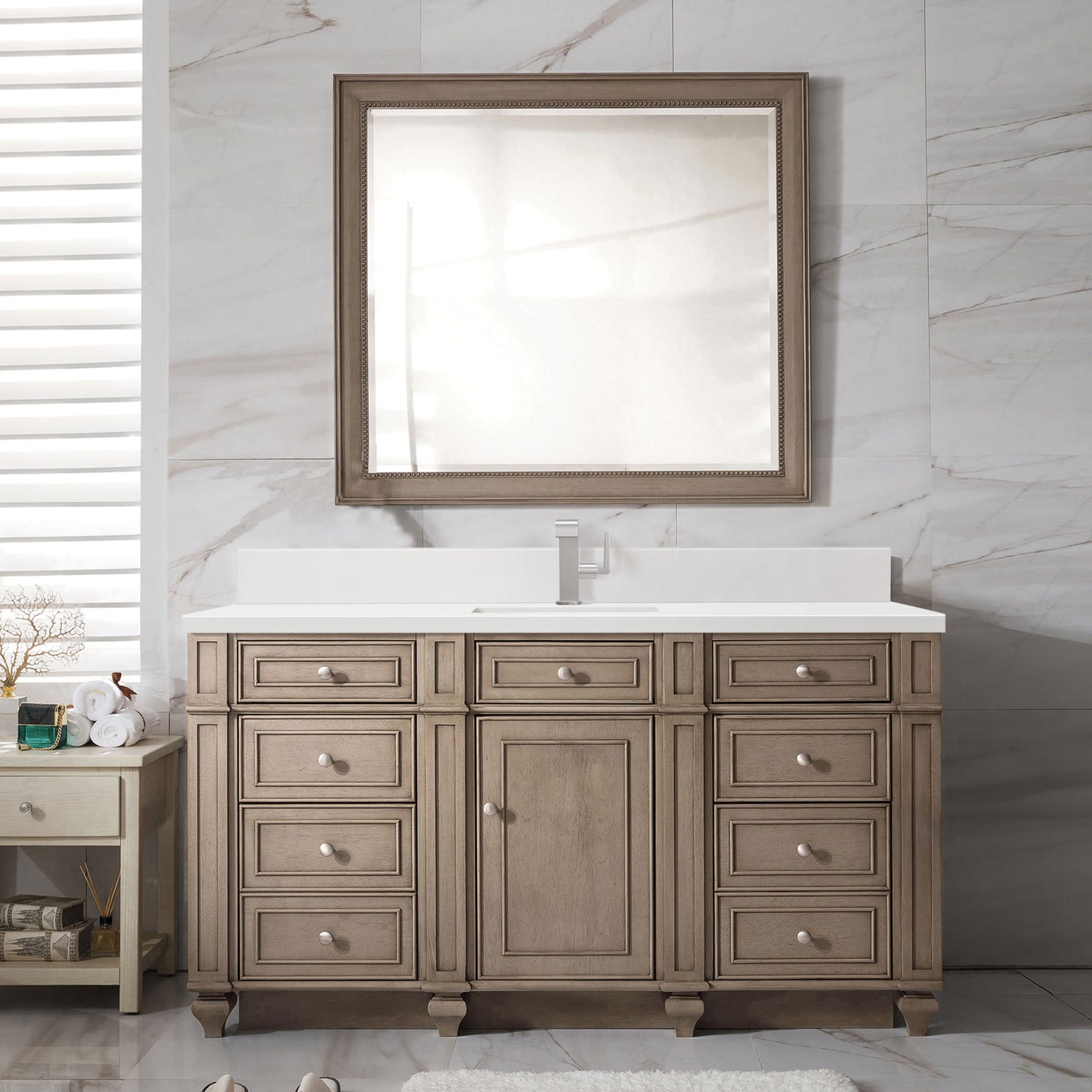 Renovate for Less Atlanta Bristol 60" Single Vanity, Whitewashed Walnut w/ Single Hole 3 CM White Zeus Silestone Top & Backsplash