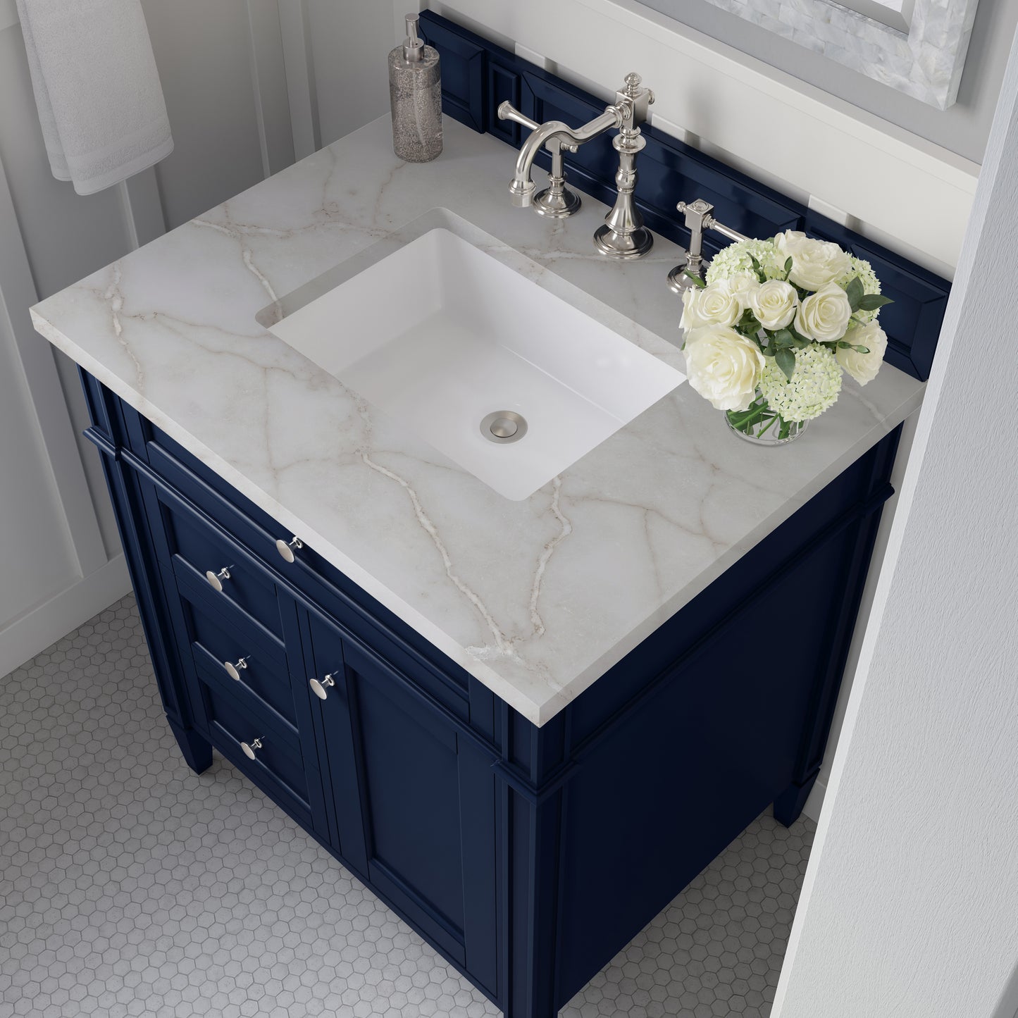 Renovate for Less Atlanta Brittany 30" Single Vanity, Victory Bleu w/ 3 CM Victorian Silver Silestone Top