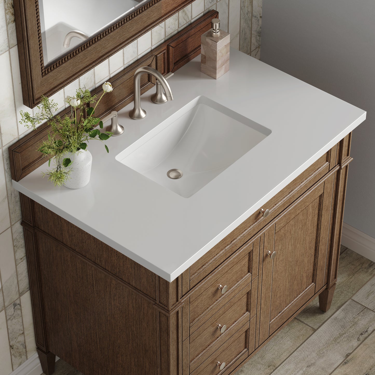 Renovate for Less Atlanta Brittany 36" Single Vanity, Saddle Brown w/ 3 CM White Zeus Silestone Top