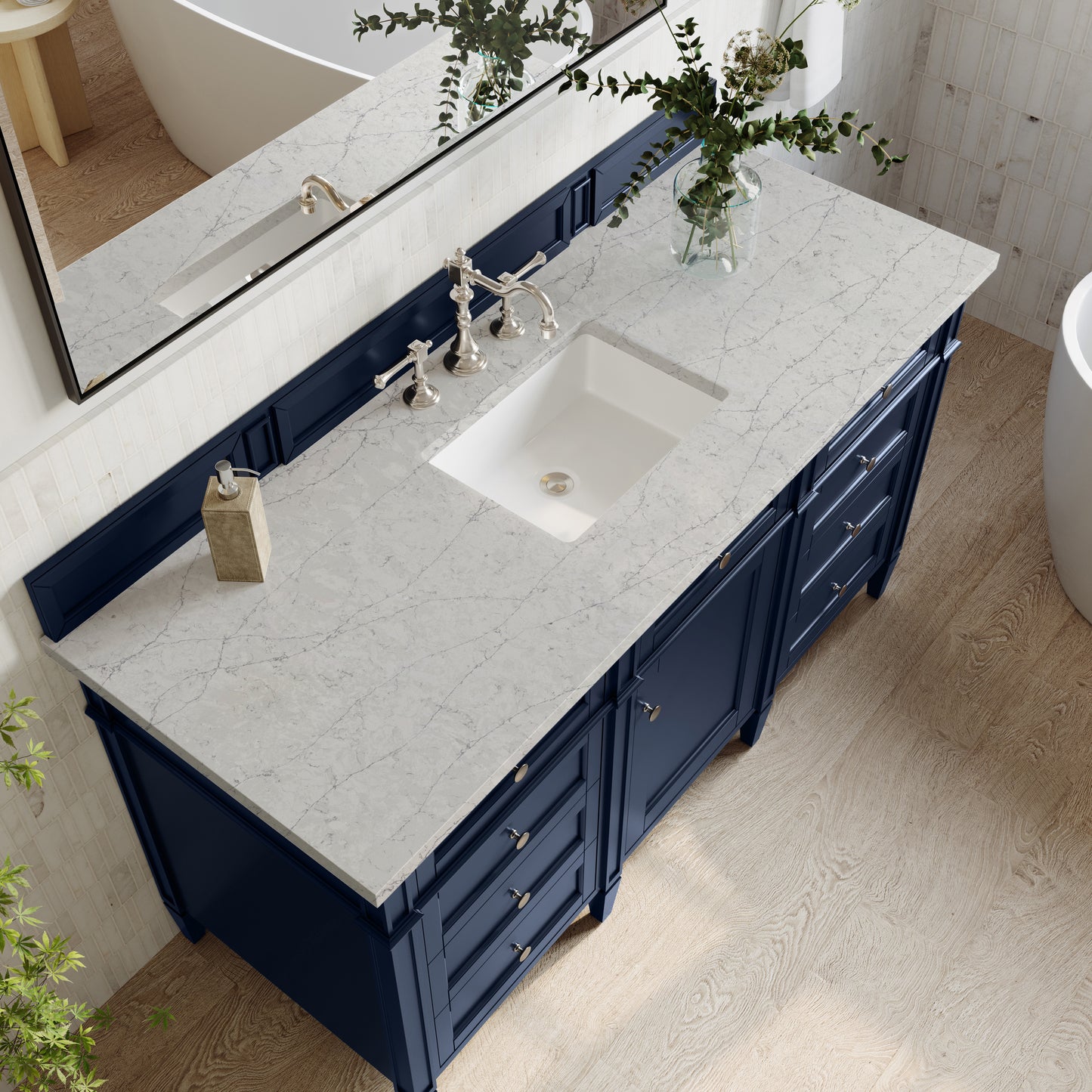 Renovate for Less Atlanta Brittany 60" Single Vanity, Victory Blue w/ 3 CM Eternal Jasmine Pearl Silestone Top