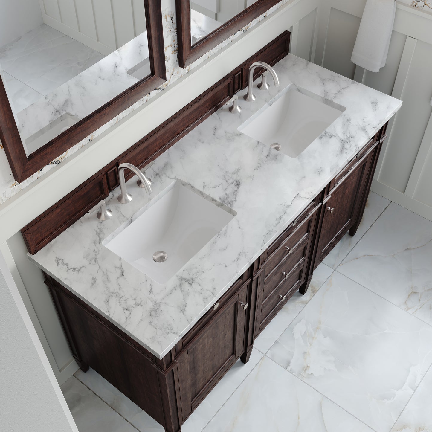 Renovate for Less Atlanta Brittany 60" Double Vanity, Burnished Mahogany w/ 3 CM Carrara Marble Top