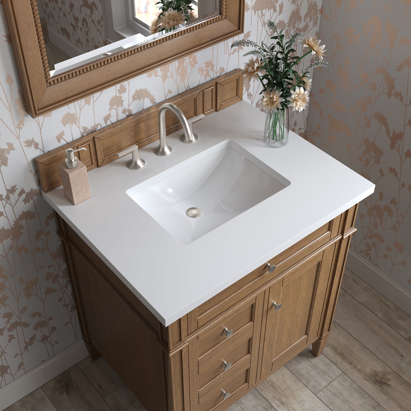 Renovate for Less Atlanta Brittany 30" Single Vanity, Saddle Brown, w/ 3 CM White Zeus Silestone Top