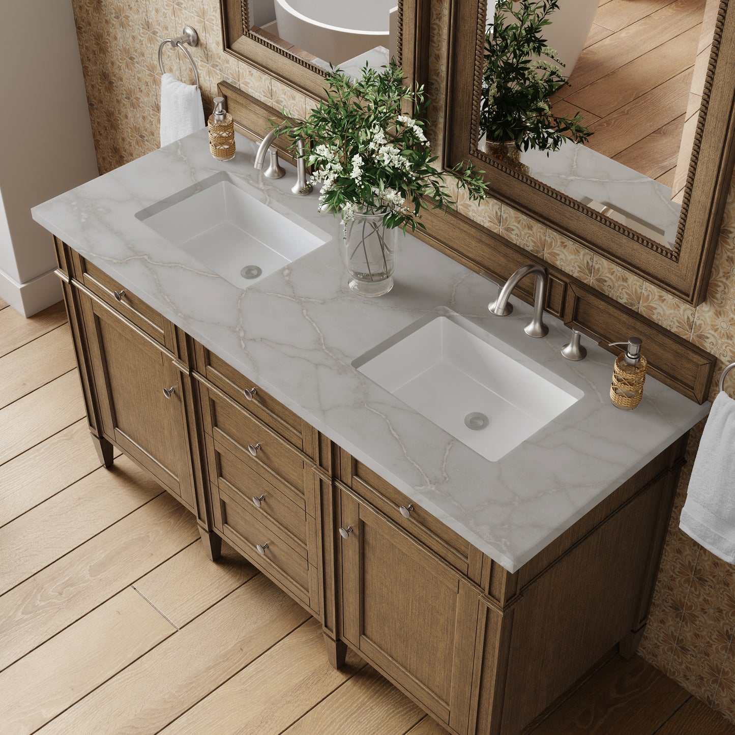 Renovate for Less Atlanta Brittany 60" Double Vanity, Saddle Brown w/ 3 CM Victorian Silver Silestone Top