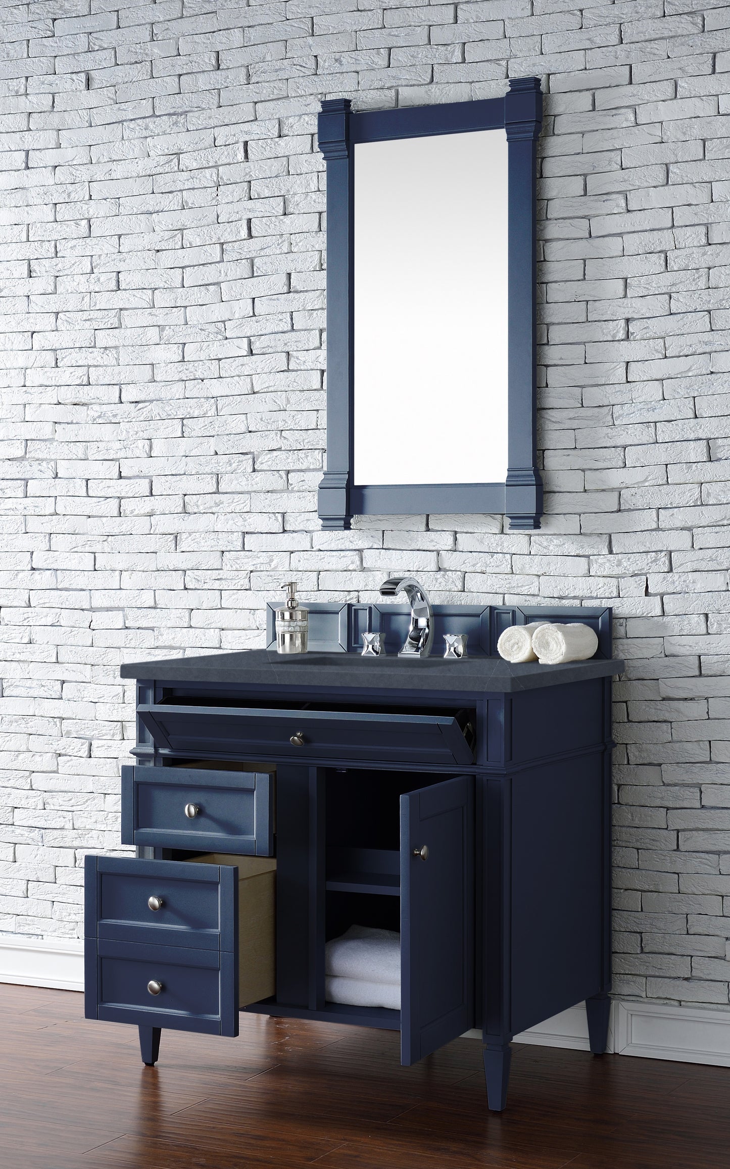 Renovate for Less Atlanta Brittany 36" Single Vanity, Victory Blue w/ 3 CM Charcoal Soapstone Silestone Top