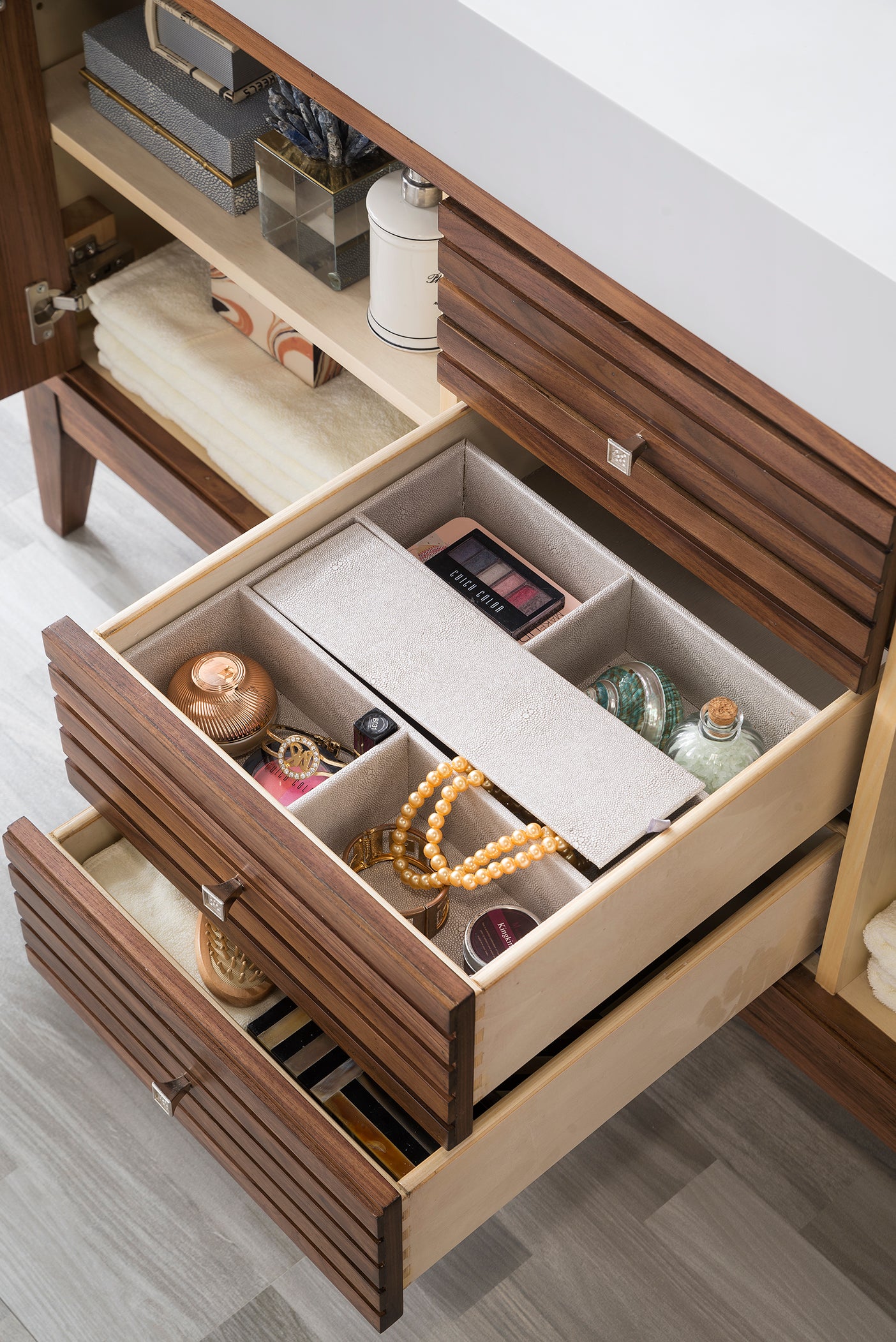Bathroom Vanities Outlet Atlanta Renovate for LessLinear 59" Double Vanity, Mid Century Walnut w/ Glossy White Composite Top