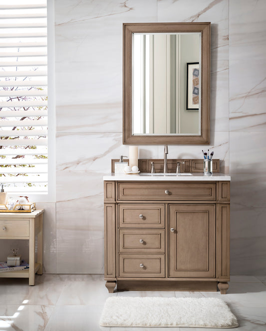 Bristol 36" Single Vanity, Whitewashed Walnut, w/ 3 CM Arctic Fall Solid Surface Top James Martin Vanities