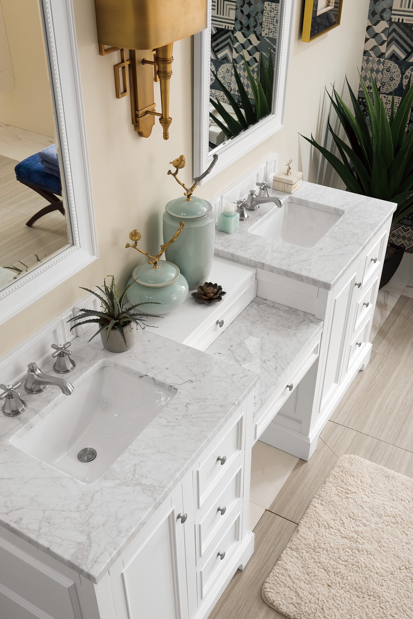 Bathroom Vanities Outlet Atlanta Renovate for LessDe Soto 82" Double Vanity Set, Bright White w/ Makeup Table, 3 CM Carrara Marble Top