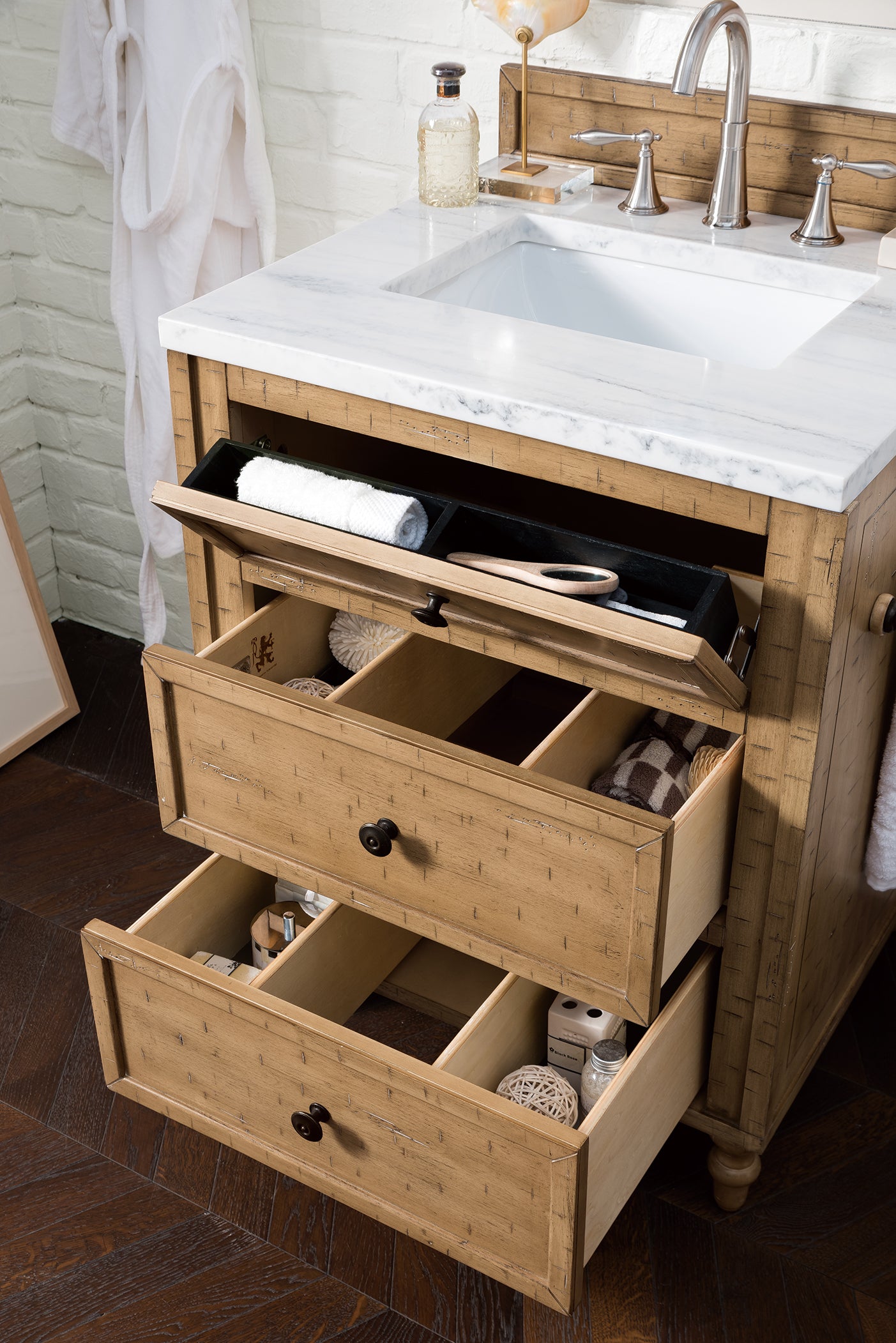 Copper Cove 26" Driftwood Patina Single Vanity w/ 3 CM Arctic Fall Solid Surface Top James Martin