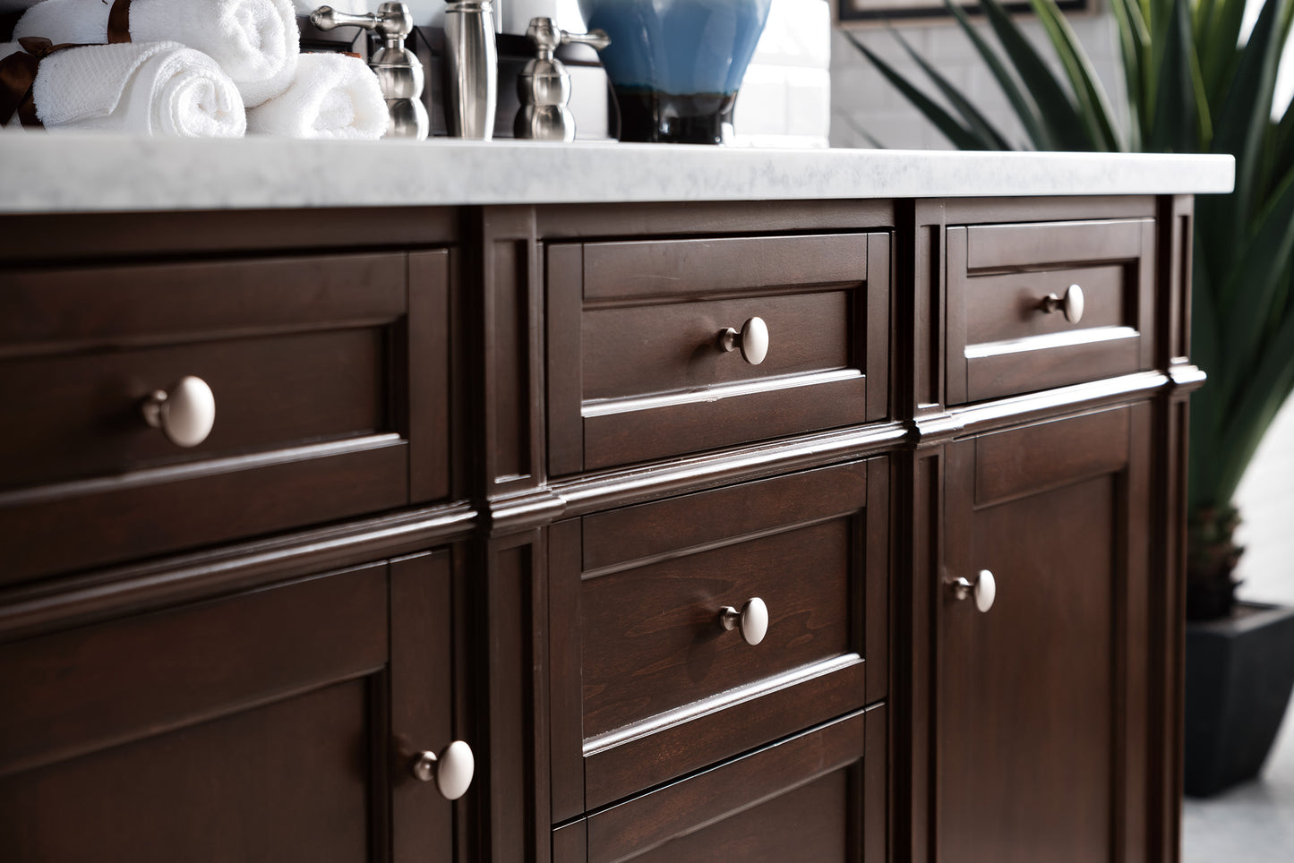 Bathroom Vanities Outlet Atlanta Renovate for LessBrittany 60" Burnished Mahogany Double Vanity w/ 3 CM Arctic Fall Solid Surface Top