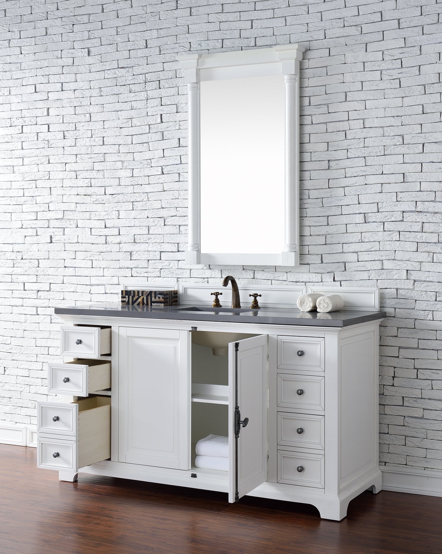 Providence 60" Single Vanity Cabinet, Bright White, w/ 3 CM Grey Expo Quartz Top James Martin