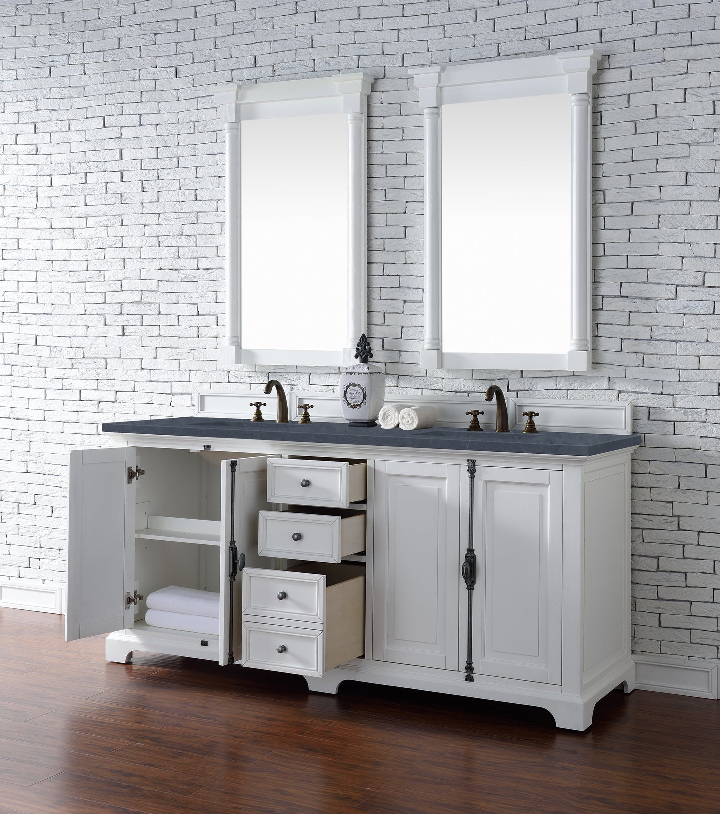 Providence 72" Double Vanity Cabinet, Bright White, w/ 3 CM Charcoal Soapstone Quartz Top James Martin
